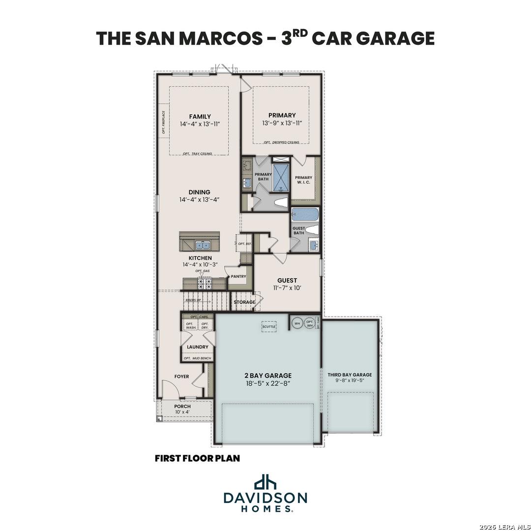 First floor plan of The San Marcos 3-car garage home by Davidson Homes, featuring family room, kitchen, primary suite in San Antonio, Texas