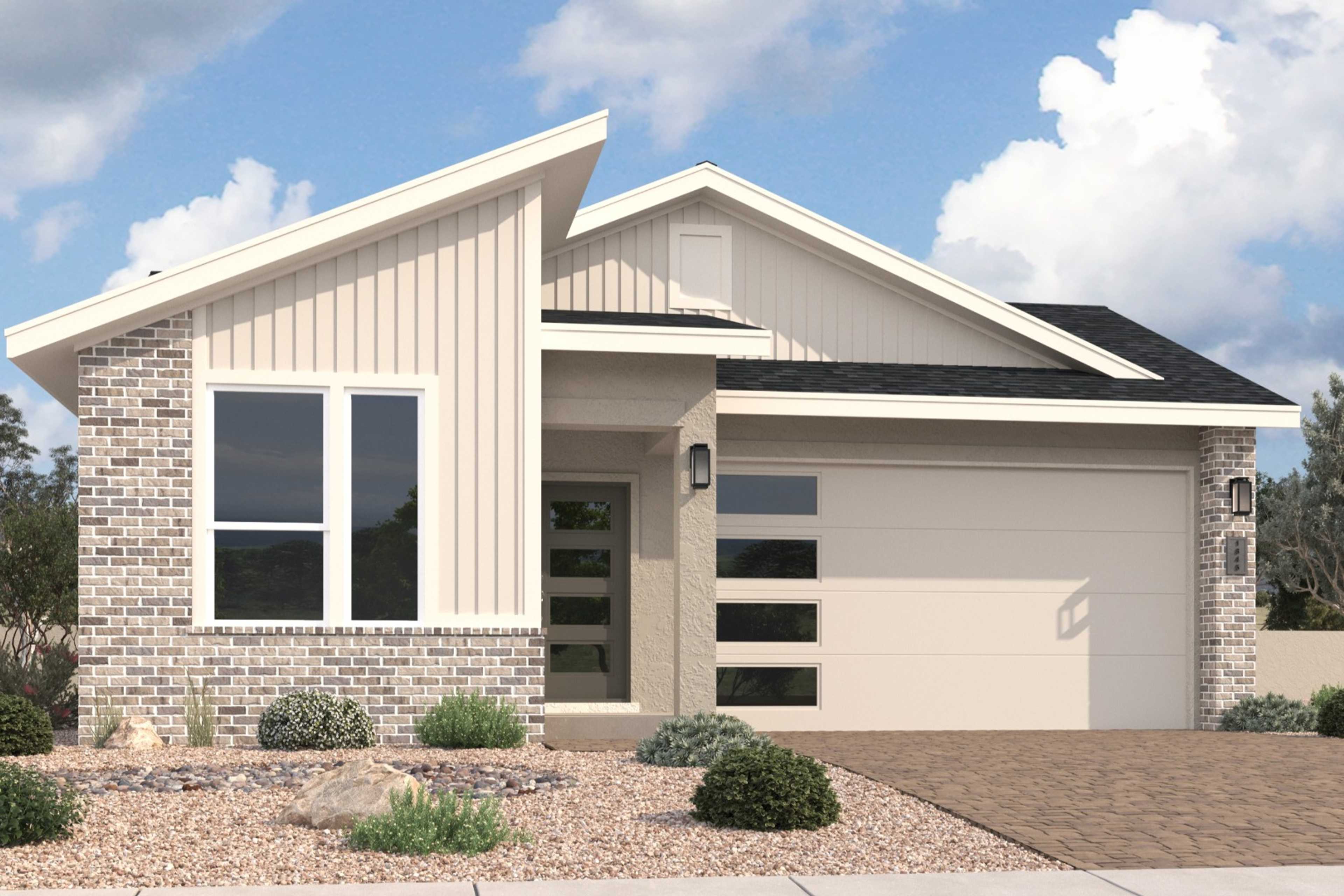 Modern Nantucket single-story home exterior in Prescott AZ: beige siding, brick accents, large windows, 2-car garage