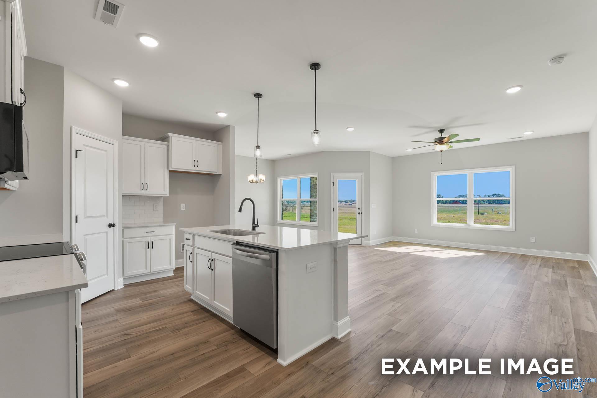 Modern white kitchen island with sink and dishwasher, open to living area with hardwood floors and backyard views in Davidson Homes The Daphne C, Athens AL