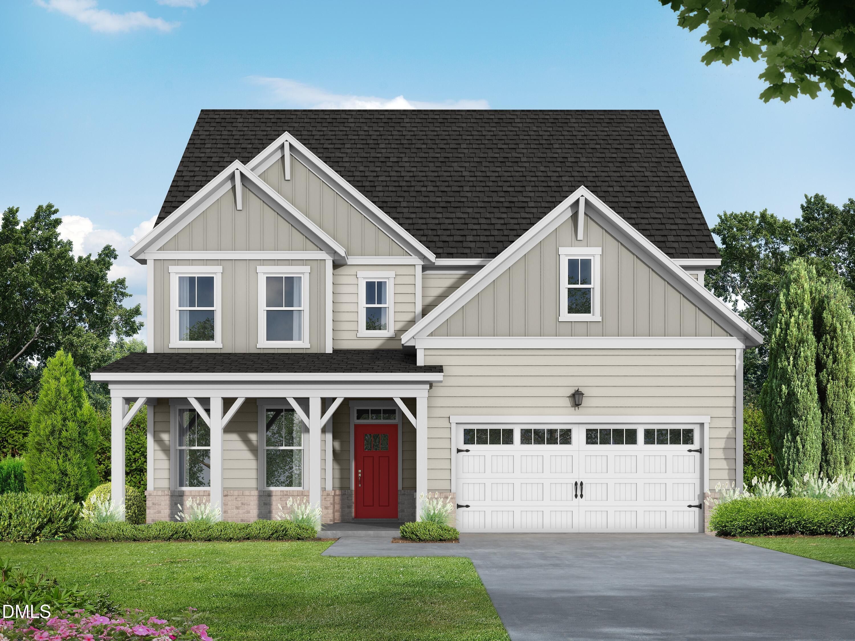 Two-story Hickory II B floor plan by Davidson Homes with a red front door and 2-car garage in Woodland Crossing, Zebulon, NC.