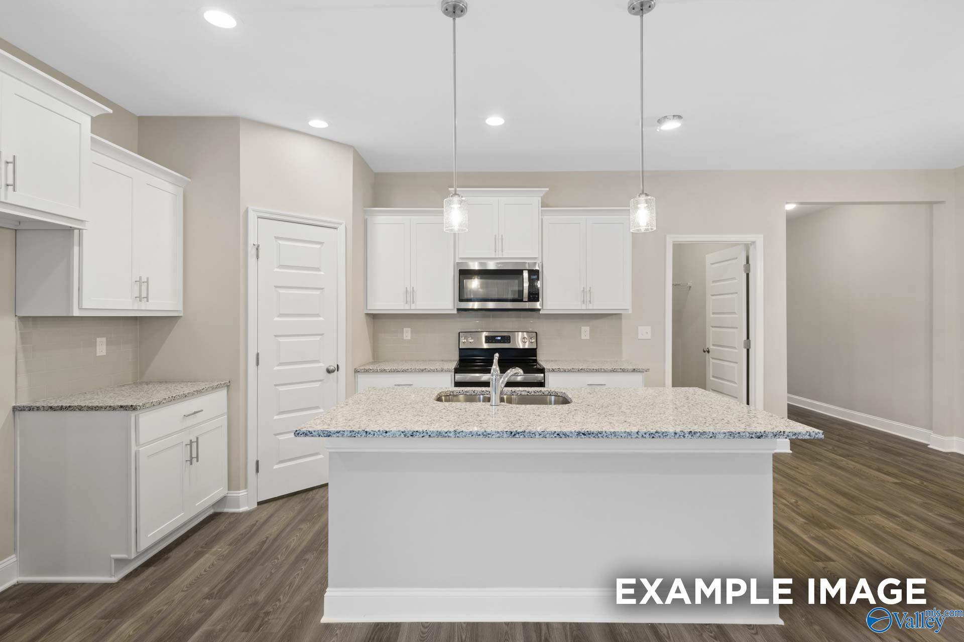 Open-concept kitchen with white cabinets, granite island, stainless appliances in Davidson Homes The Camilla A, Hartselle, Alabama