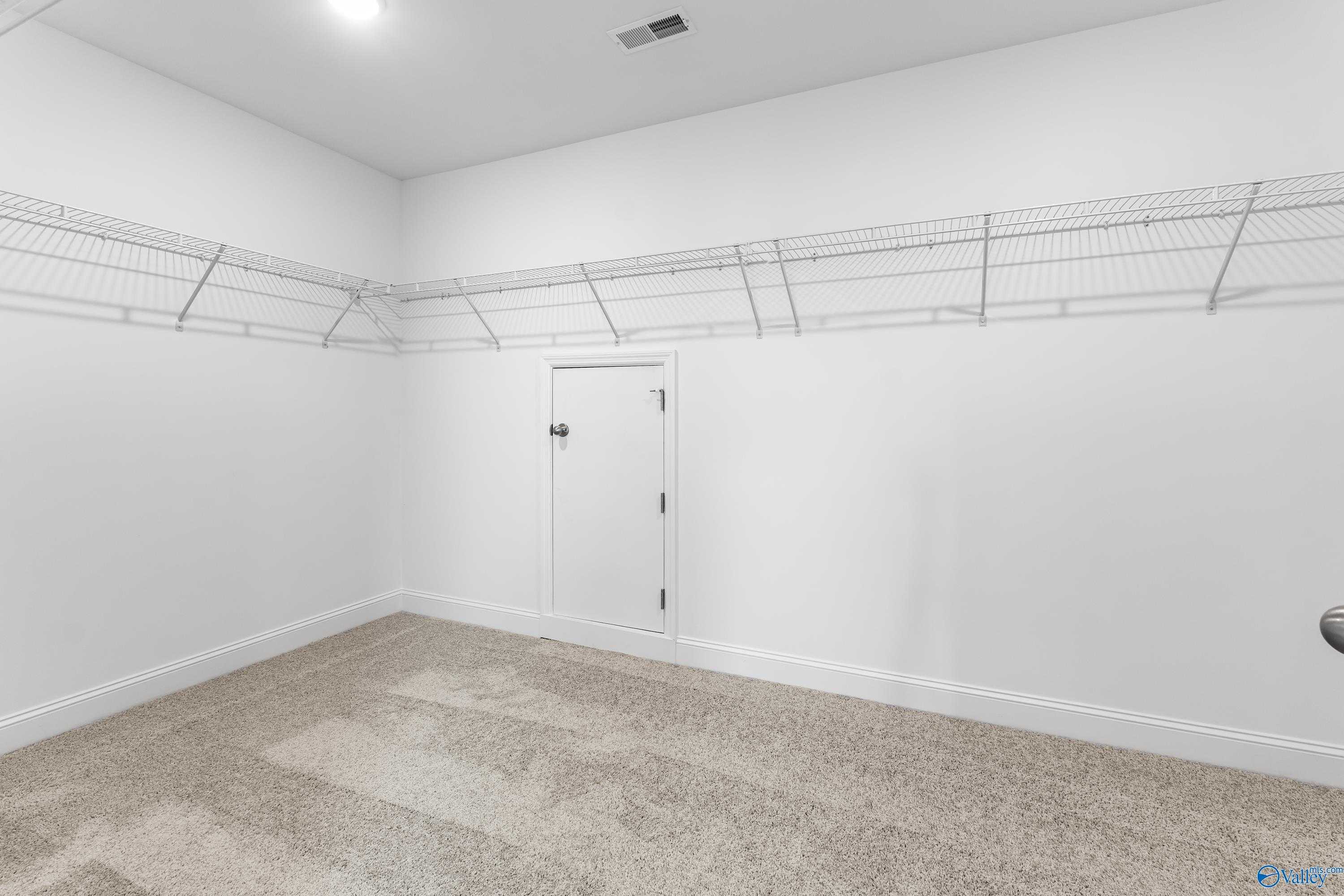 Spacious walk-in closet with wire shelving, beige carpet, and corner door in master suite of Davidson Homes The Madison A, Toney, Alabama