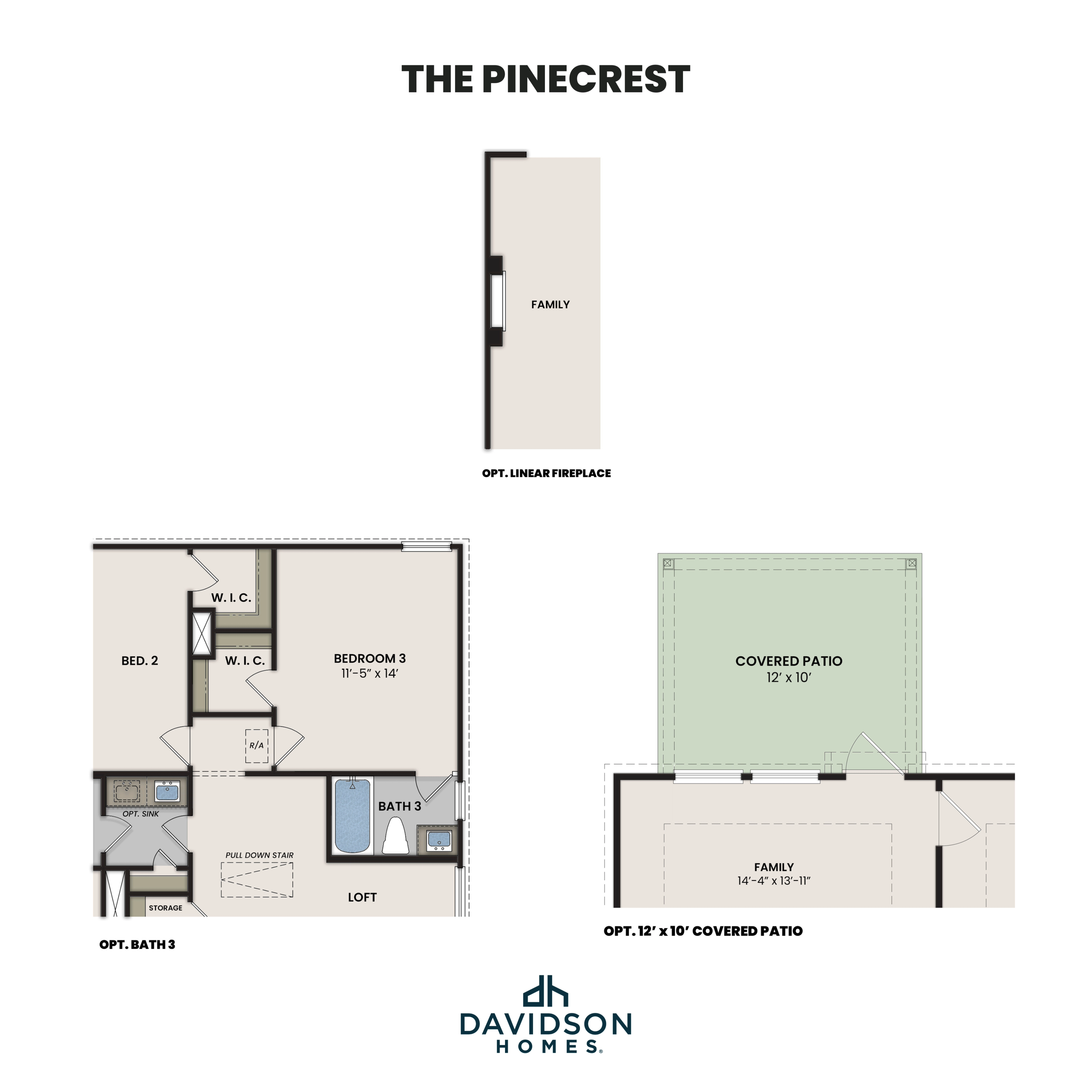 Pinecrest first-floor plan featuring master suite, family room with optional linear fireplace, loft, covered patio, and 2-car garage