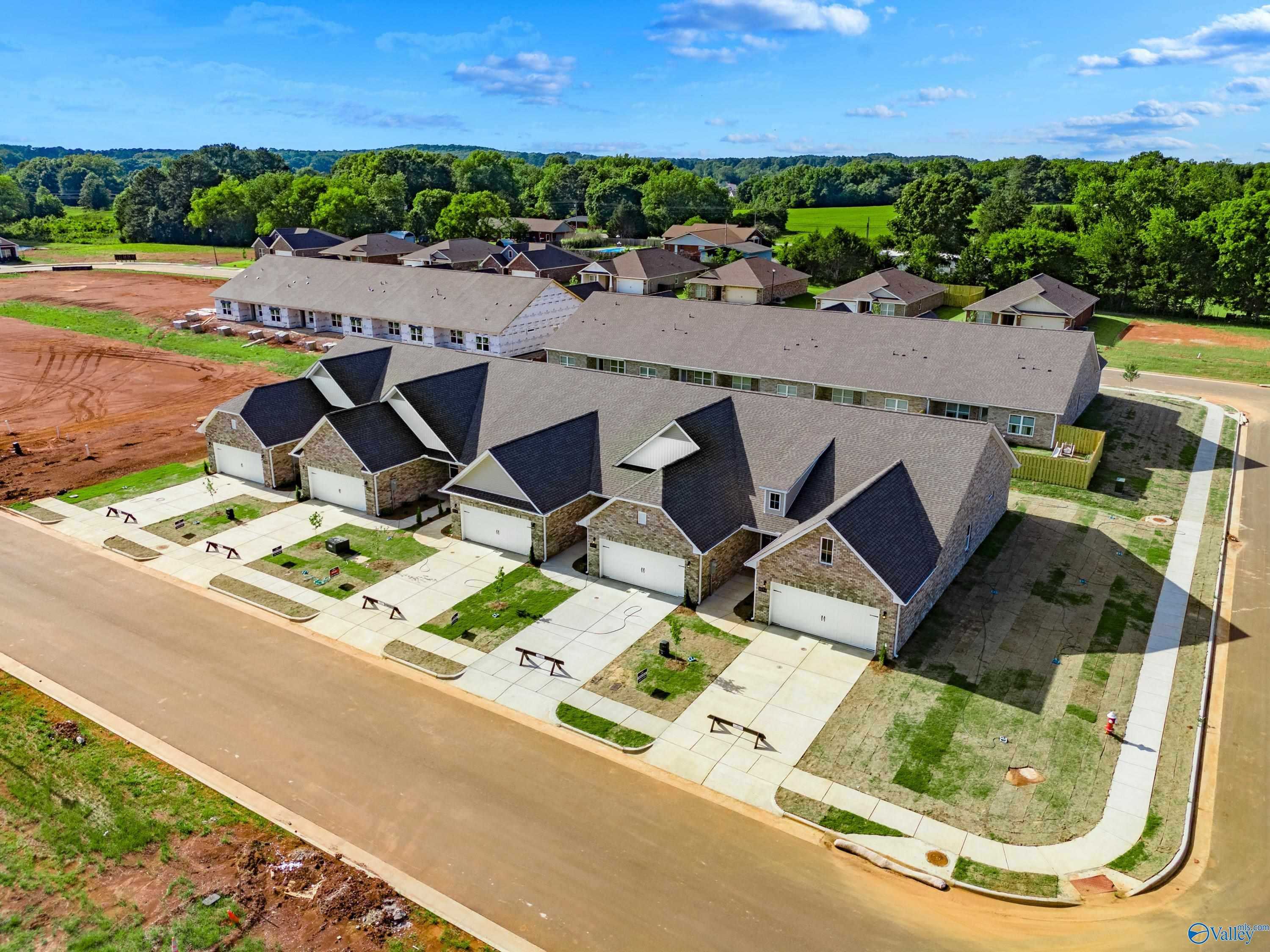 Cluster of modern 3-bedroom townhomes with 2-car garages and dark roofs in The Retreat at Hollon Meadow, Decatur, Alabama by Davidson Homes