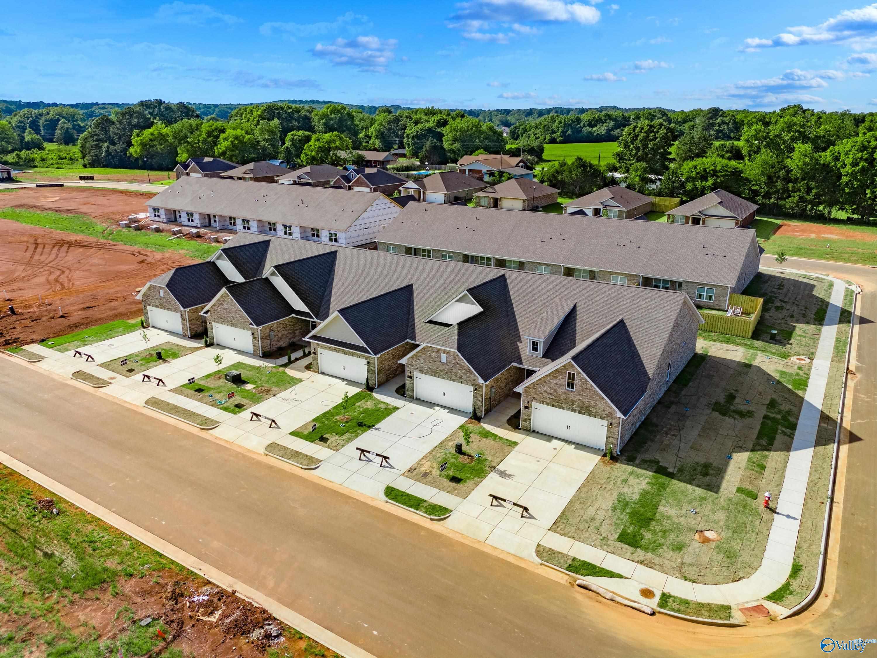 Aerial view of modern The Cumberland townhomes by Davidson Homes in The Retreat at Hollon Meadow, Decatur, Alabama, with 2-car garages and lush greenery