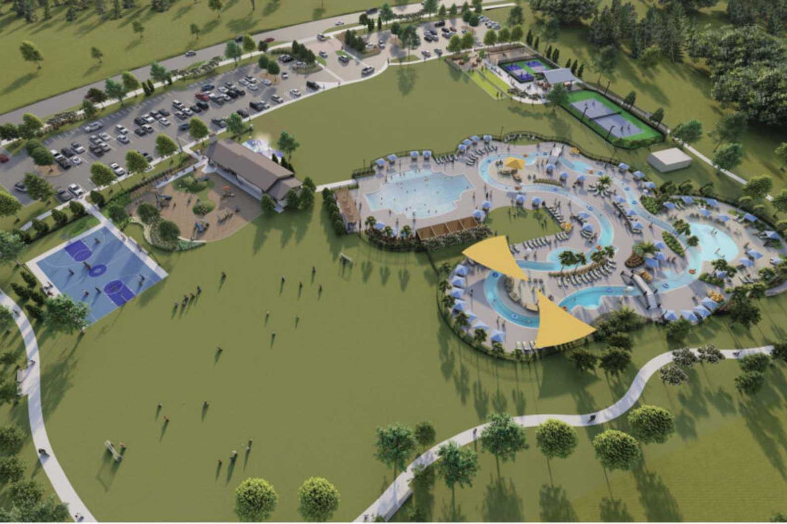 Resort-style pools, tennis courts, and clubhouse at Sierra Vista in Rosharon, Texas by Davidson Homes with walking paths