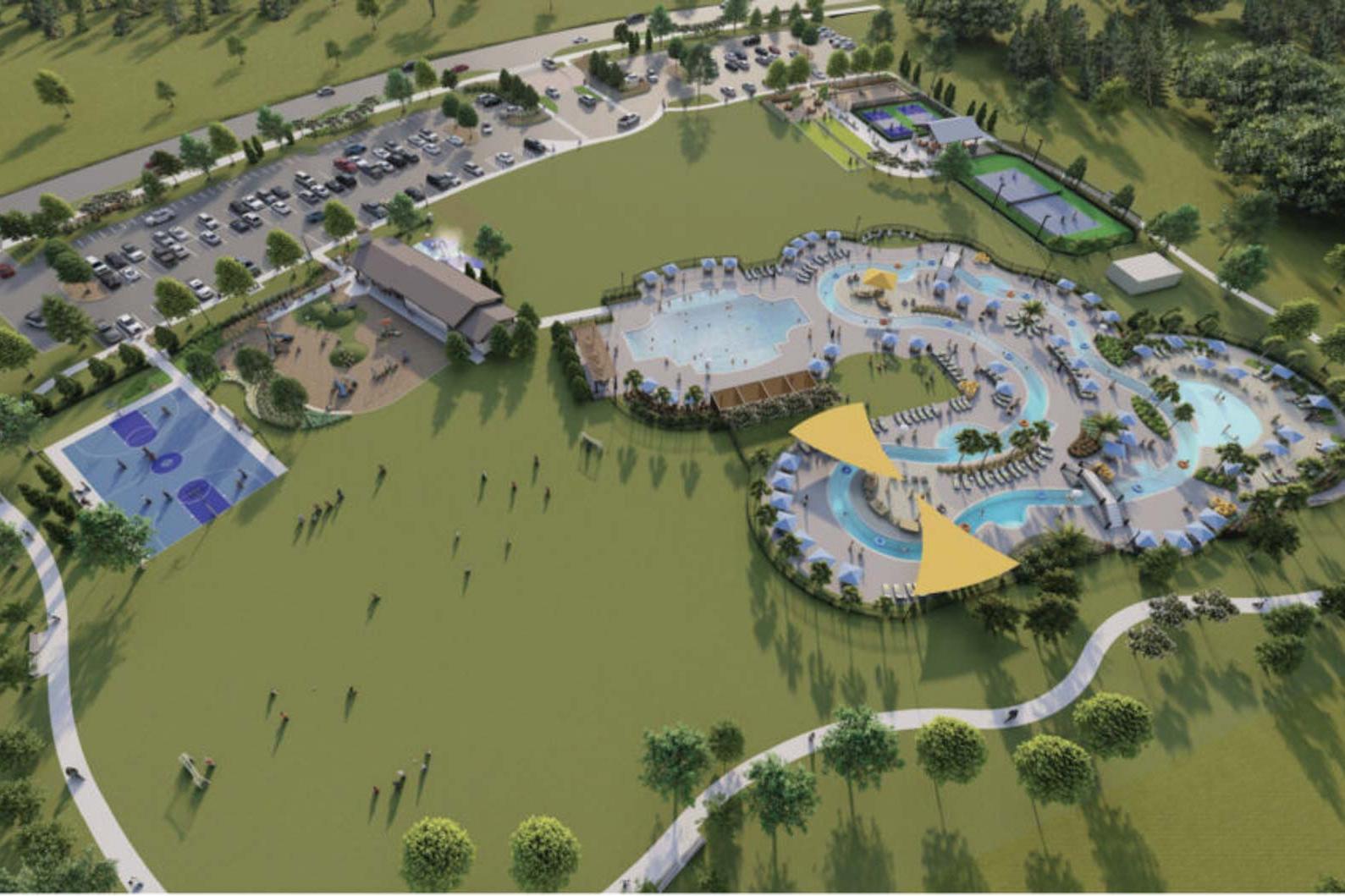 Resort-style pools, tennis courts, and clubhouse at Sierra Vista in Rosharon, Texas by Davidson Homes with walking paths