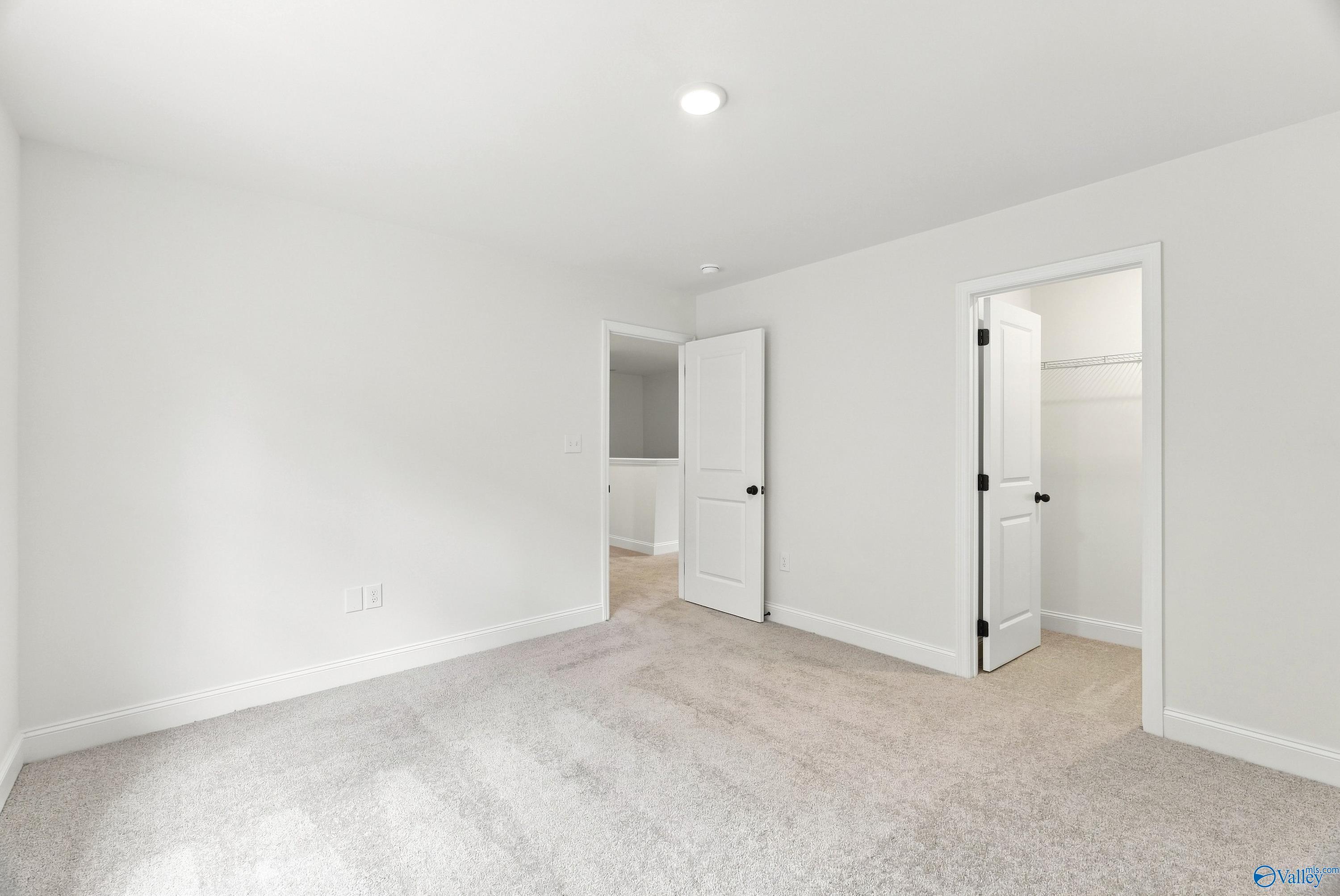 Bright secondary bedroom with plush carpet and walk-in closet in The Shelby B floor plan at Jaguar Hills, Huntsville.