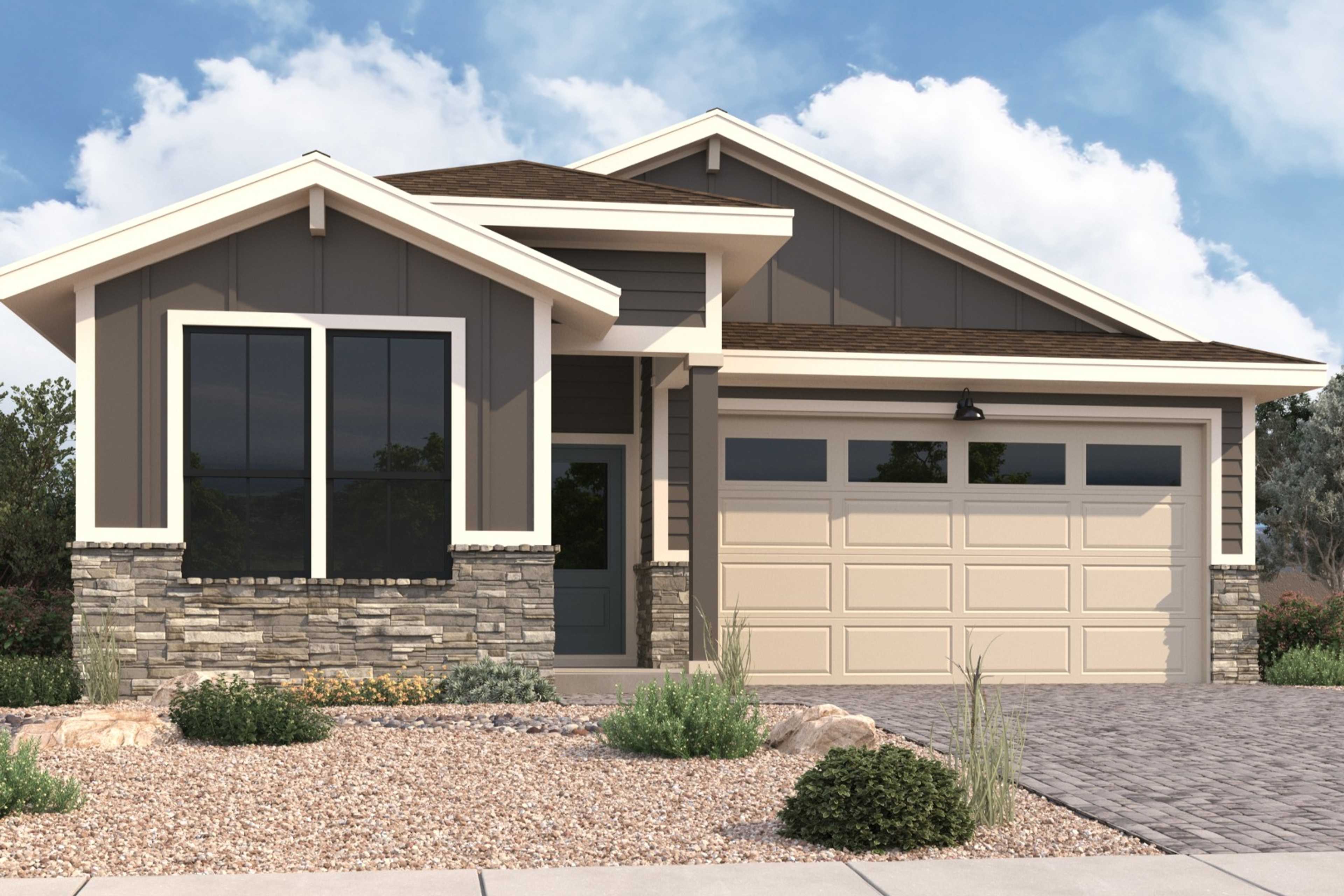 Contemporary Newport B single-story home elevation featuring stone accents, siding, large windows, 2-car garage, desert landscaping in Prescott AZ
