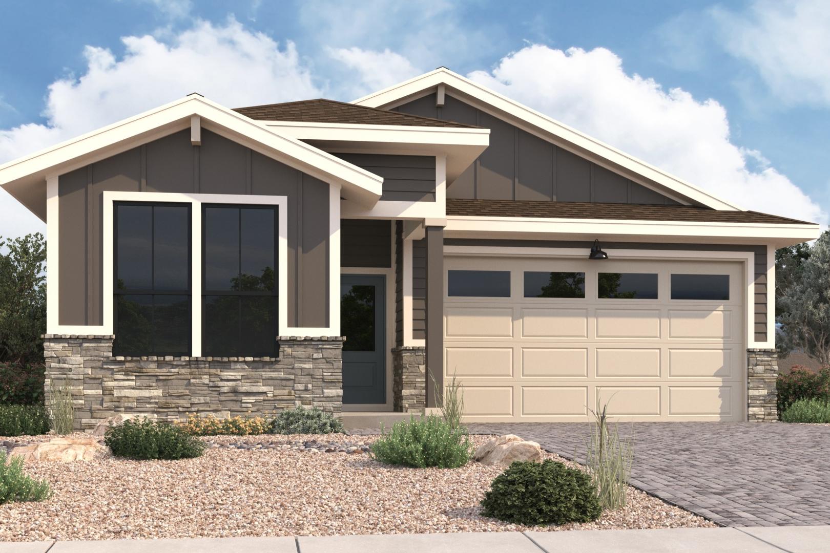 Contemporary Newport B single-story home elevation featuring stone accents, siding, large windows, 2-car garage, desert landscaping in Prescott AZ