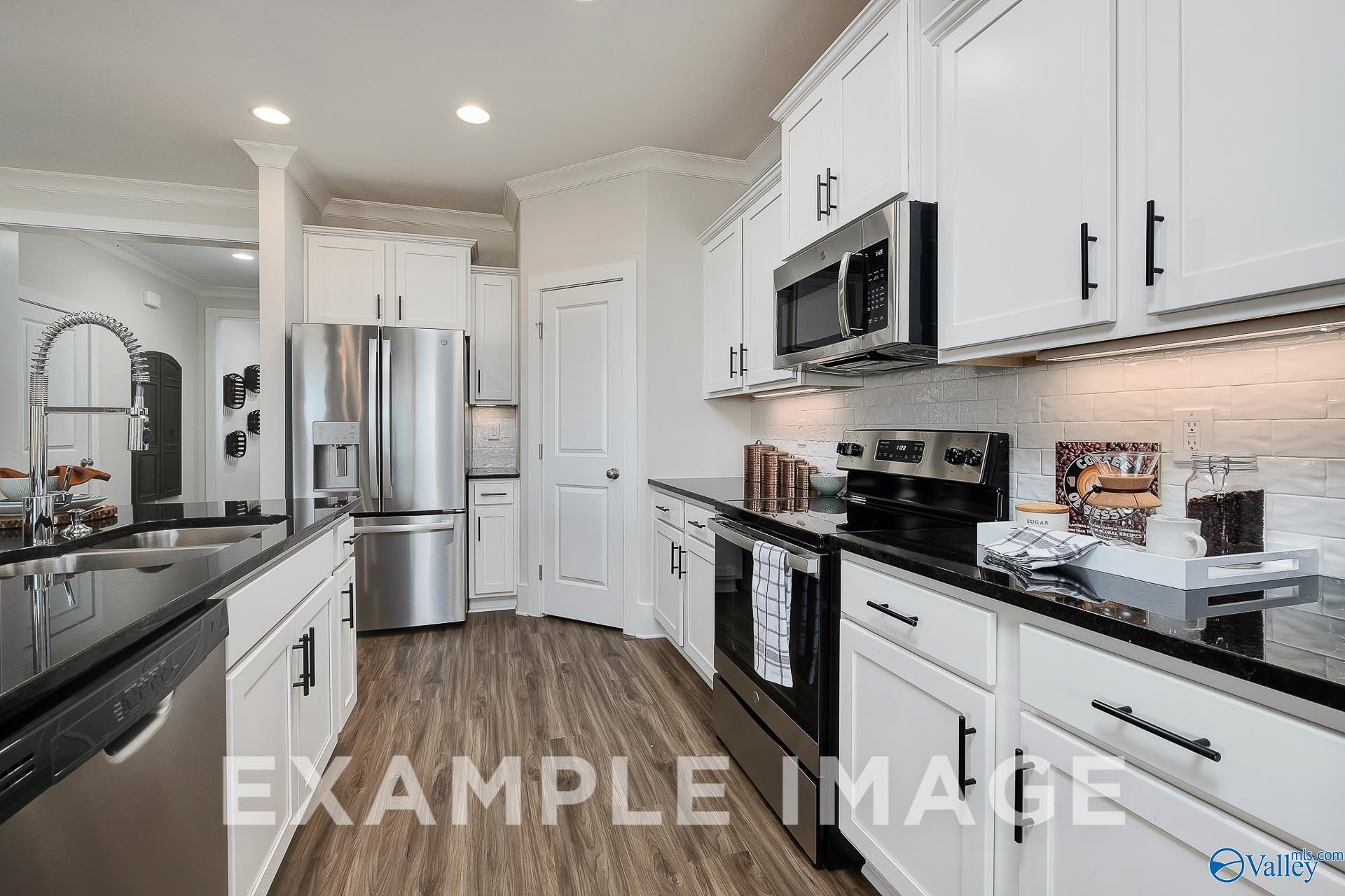 Modern kitchen with white cabinets, black countertops, and stainless appliances in The Everett B home at The Meadows, Athens.