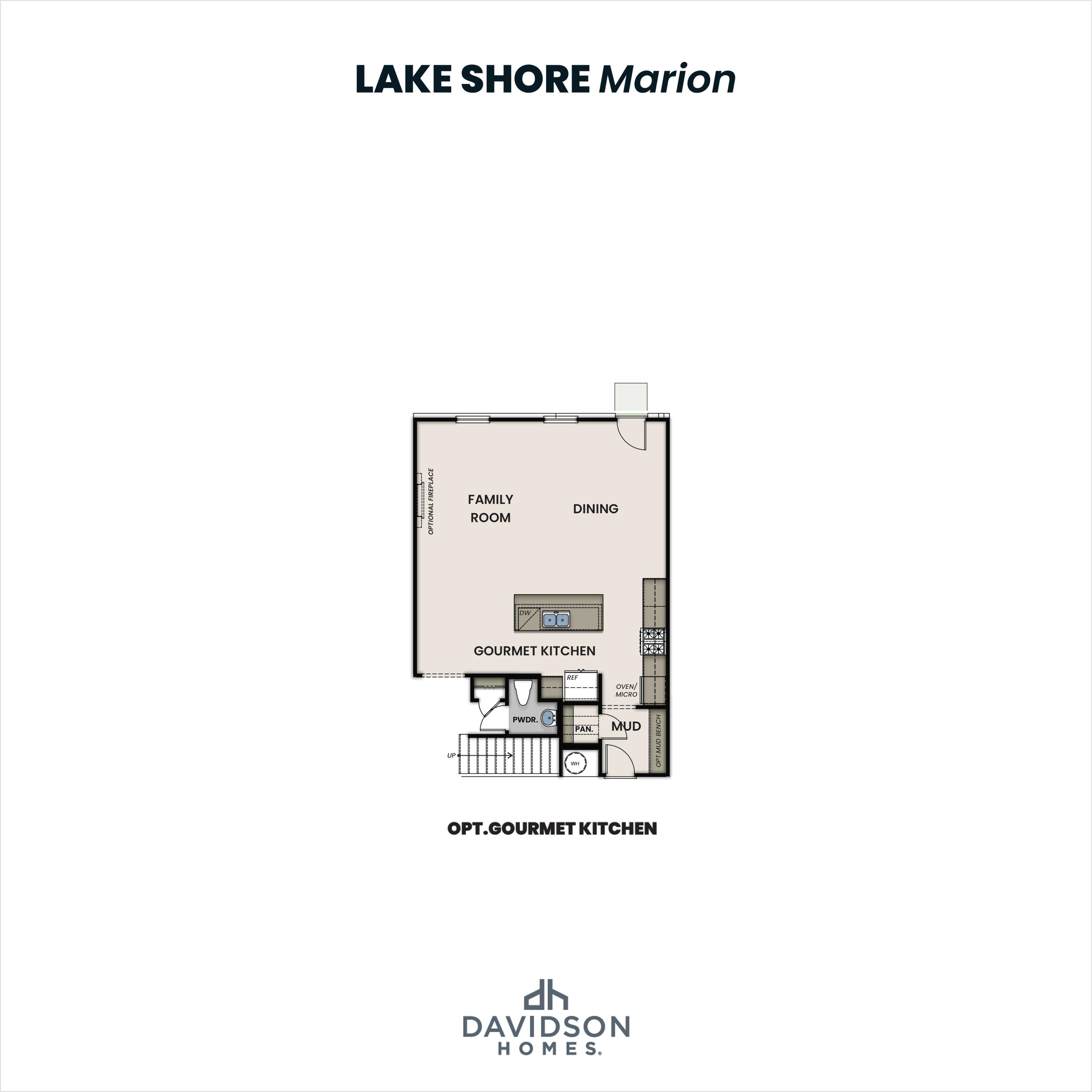 First floor layout of Lake Shore Marion by Davidson Homes featuring gourmet kitchen, open family room, dining area, and patio