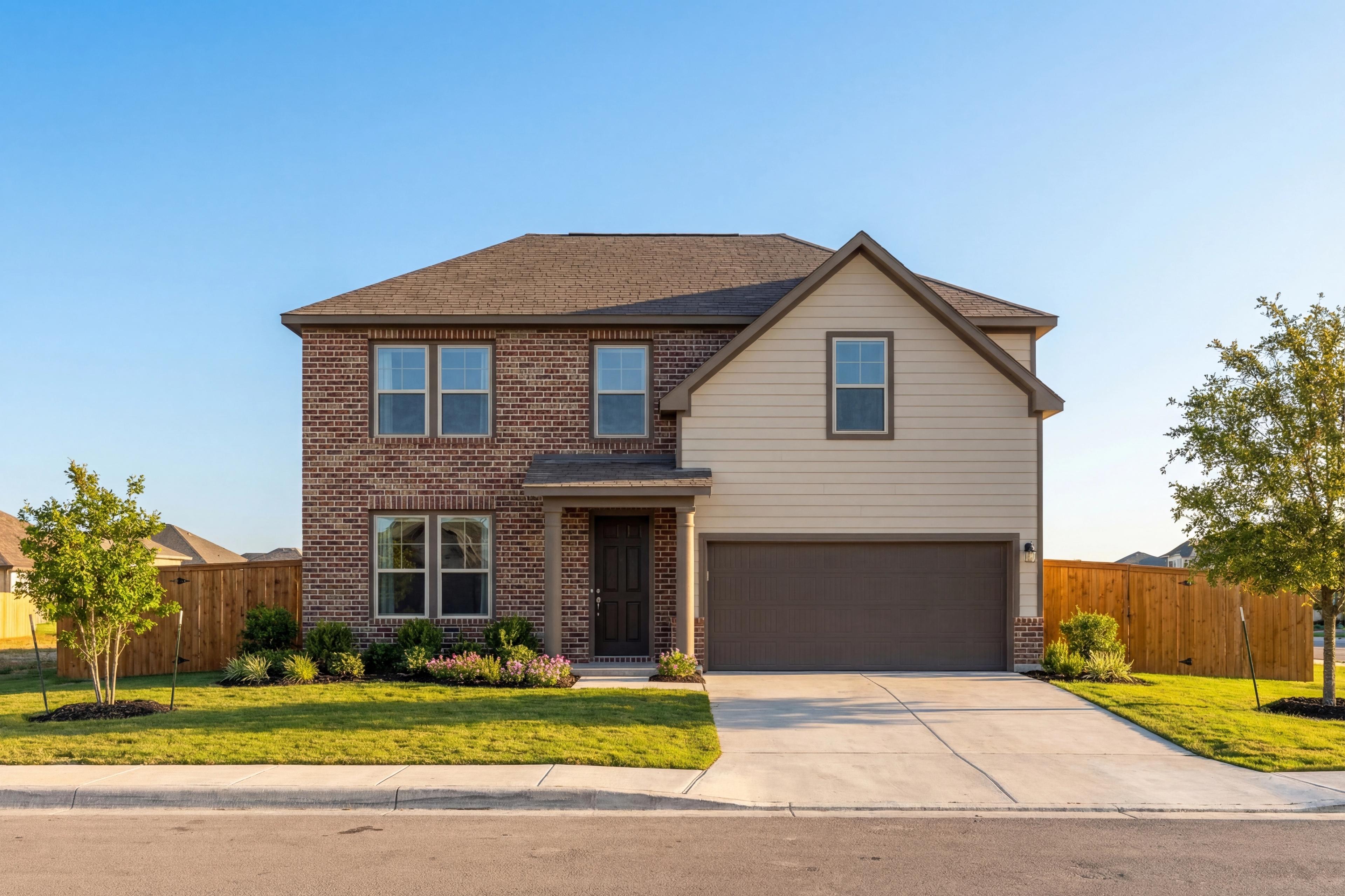 Two-story The Murray F home elevation with brick and siding exterior, two-car garage, and landscaped front yard in San Antonio