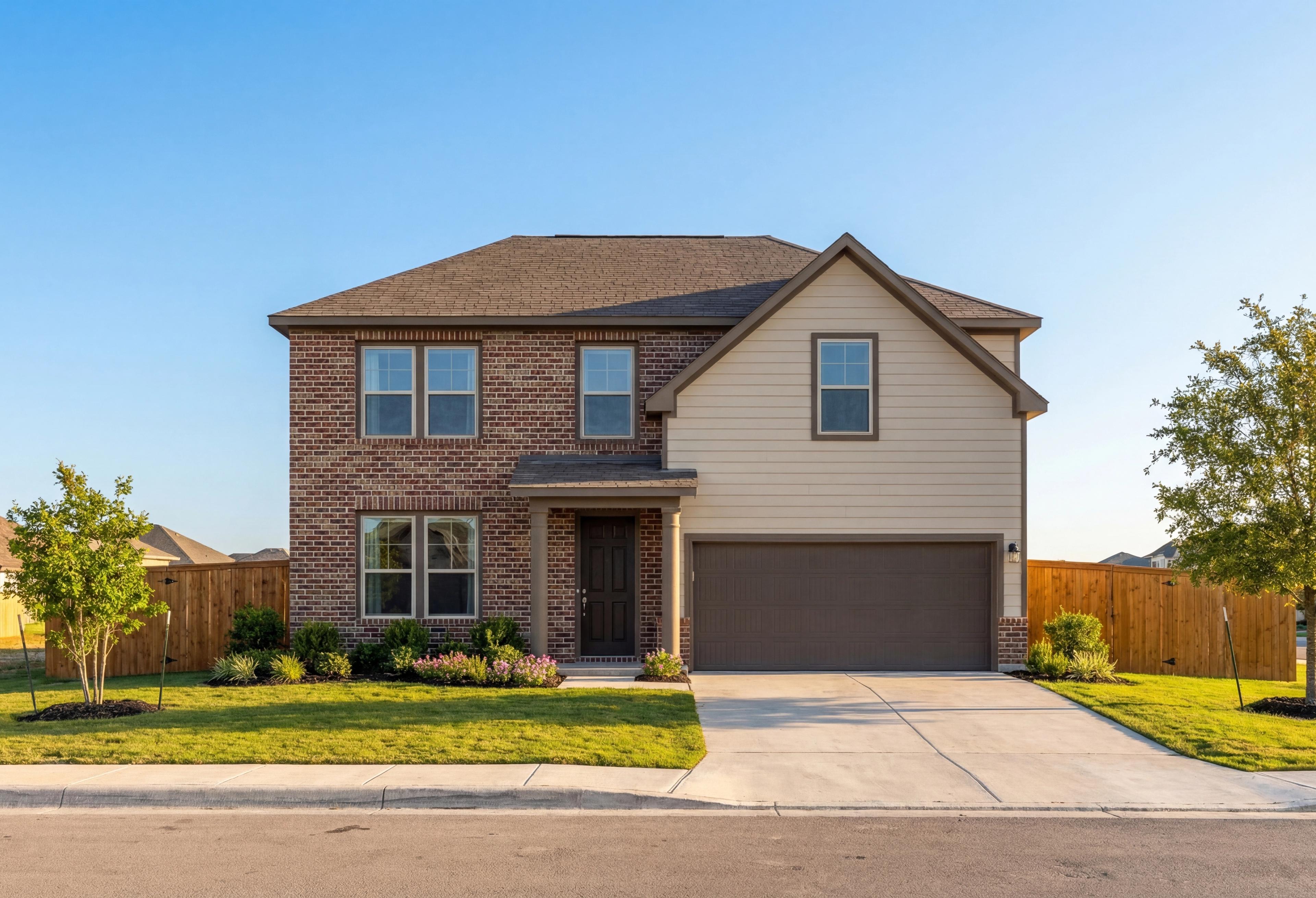 Two-story The Murray F home elevation with brick and siding exterior, two-car garage, and landscaped front yard in San Antonio