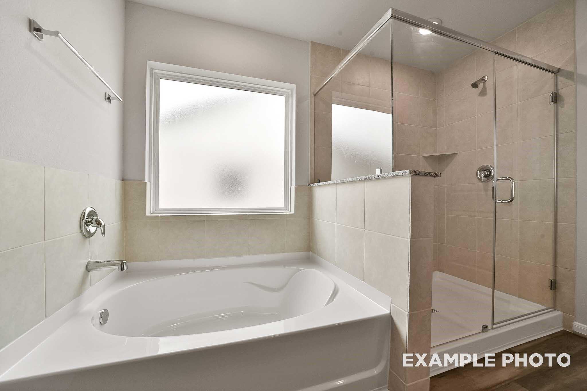 Luxurious master bathroom with soaking tub, glass shower and frosted window in Davidson Homes Tierra B, Beasley, Texas