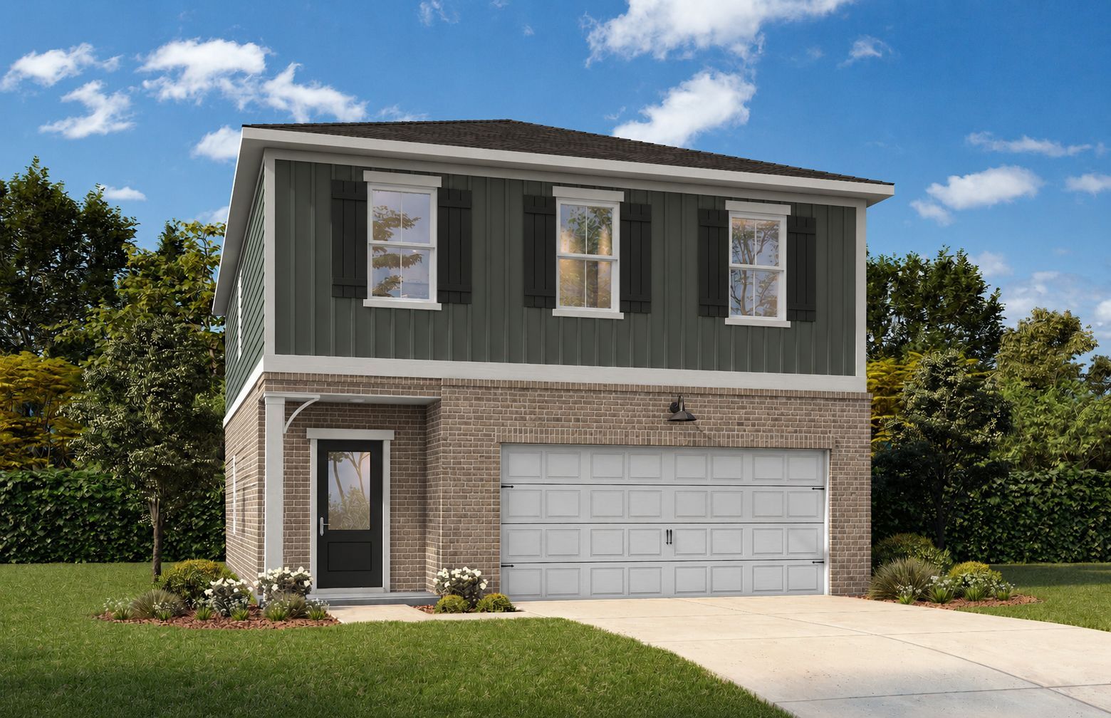 Craftsman style exterior of The Burton B in Cartersville, GA, featuring a brick facade, 2-car garage, and shingle siding.
