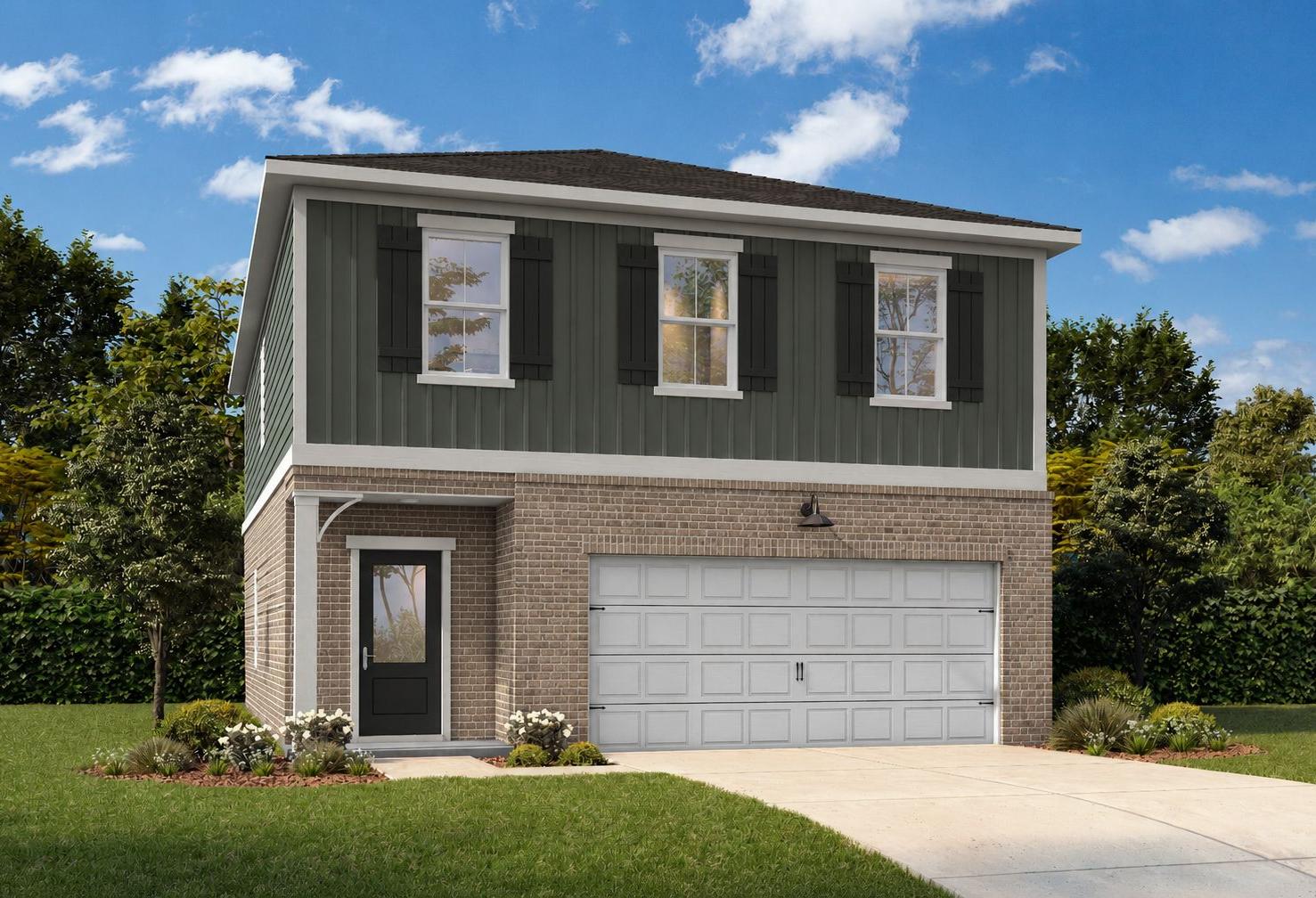Craftsman style exterior of The Burton B in Cartersville, GA, featuring a brick facade, 2-car garage, and shingle siding.