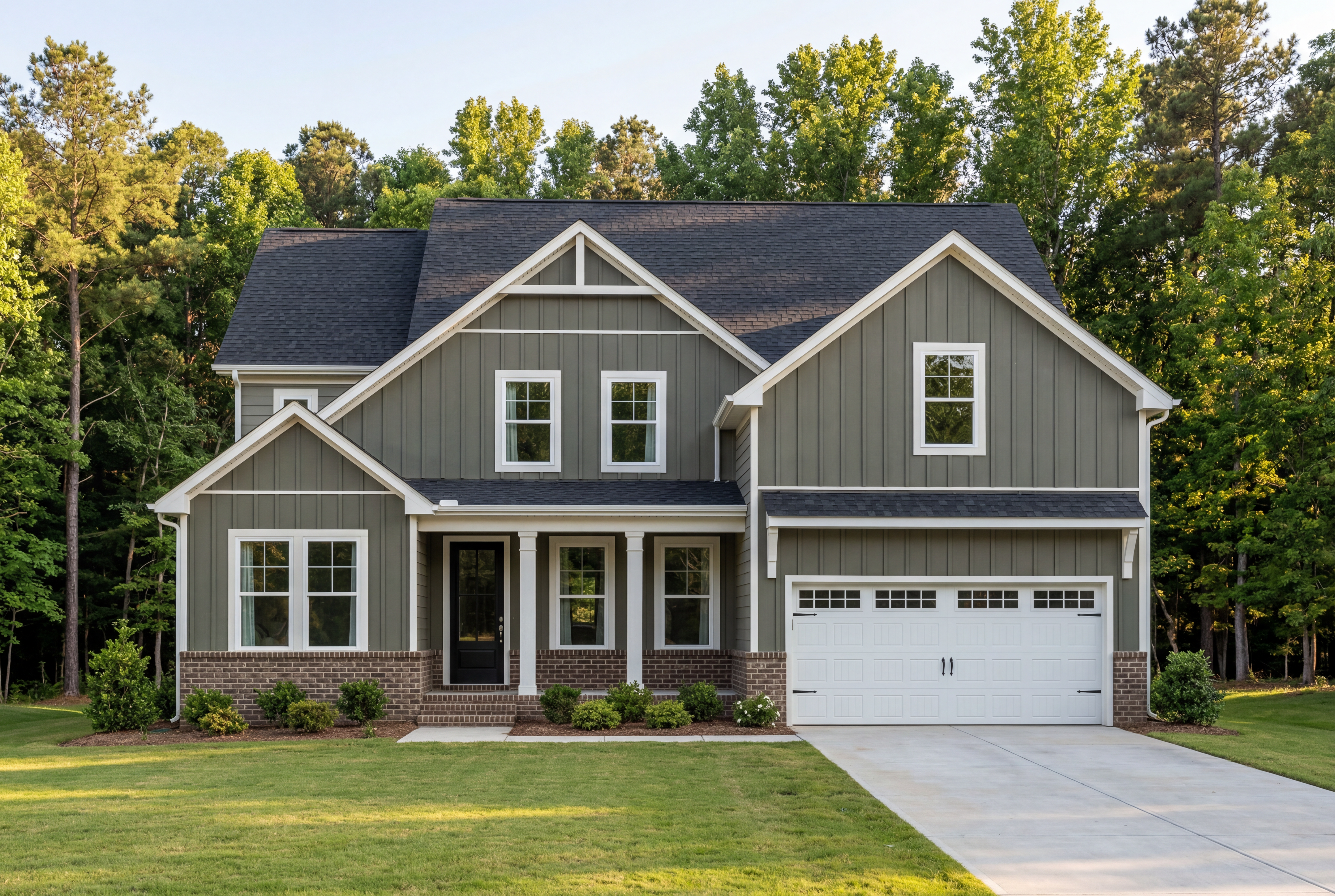 Two-story Crawford C home elevation featuring gray board-and-batten vinyl siding, brick base, covered porch, and 2-car garage amid lush trees in Holly Springs NC