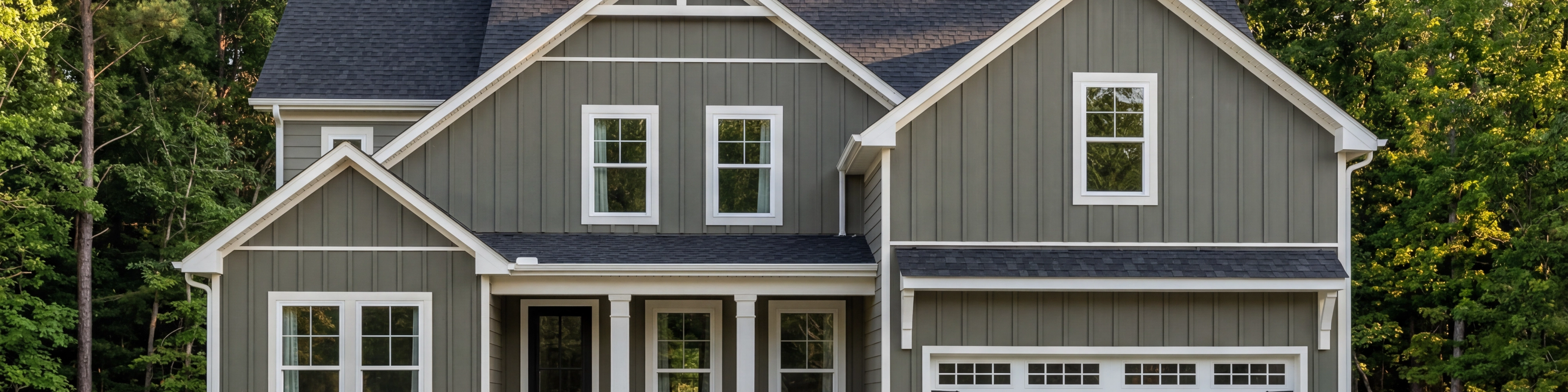 Davidson Homes exterior at Rockport in Wake Forest, NC featuring olive board and batten siding and two-car garage.
