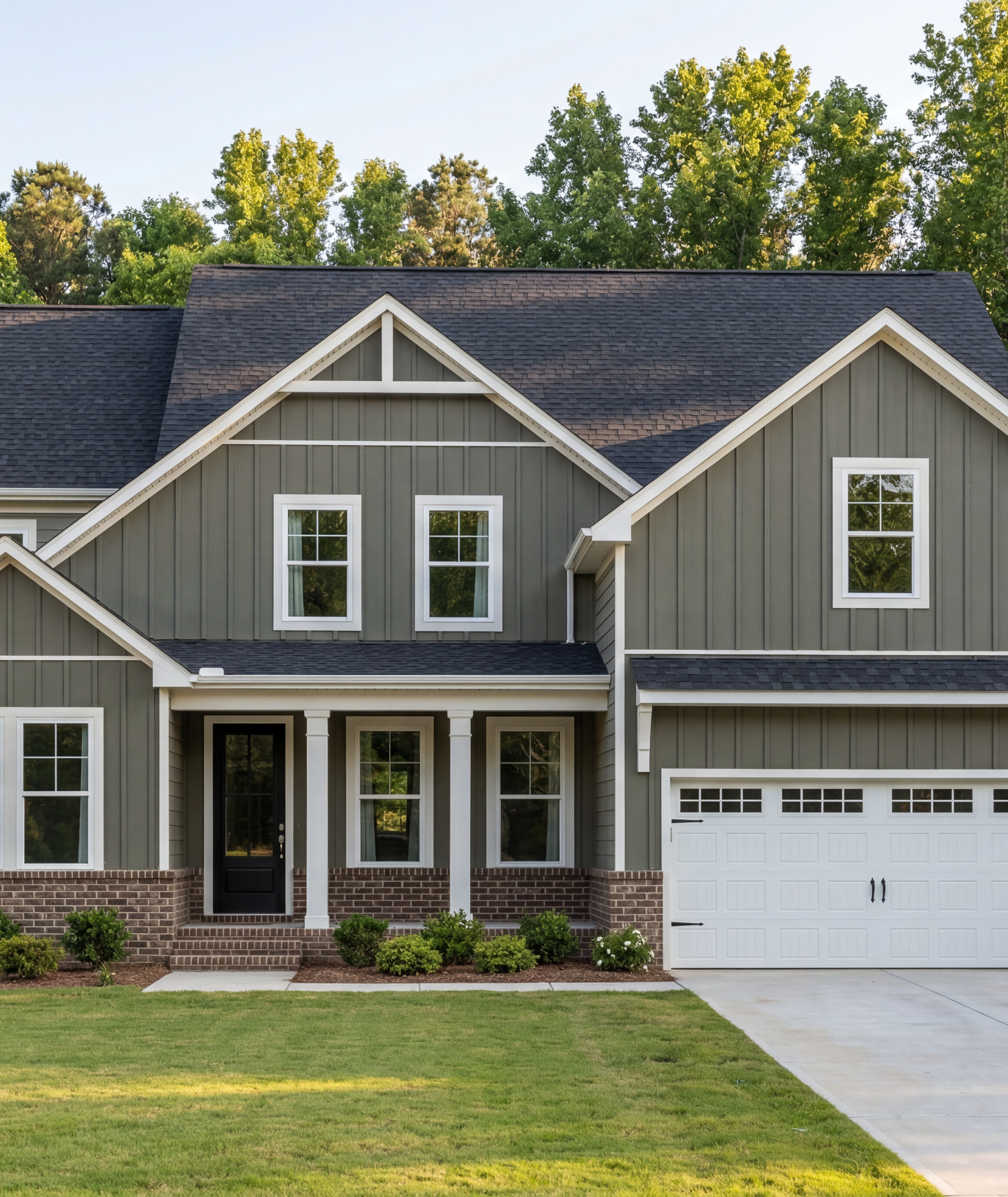 Davidson Homes exterior at Rockport in Wake Forest, NC featuring olive board and batten siding and two-car garage.