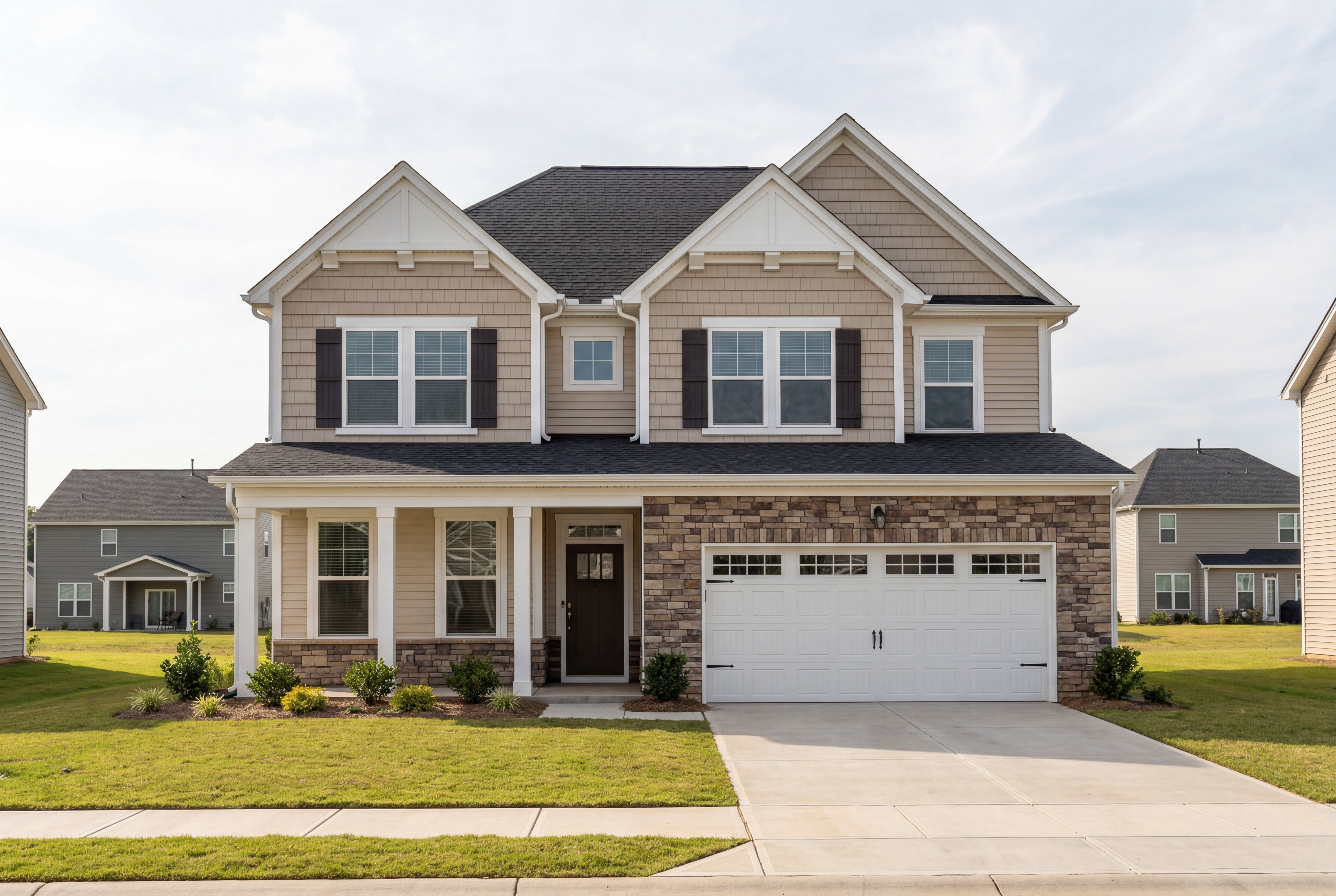 Two-story Willow D home elevation by Davidson Homes in Wendell NC with beige siding, stone accents, front porch, and two-car garage