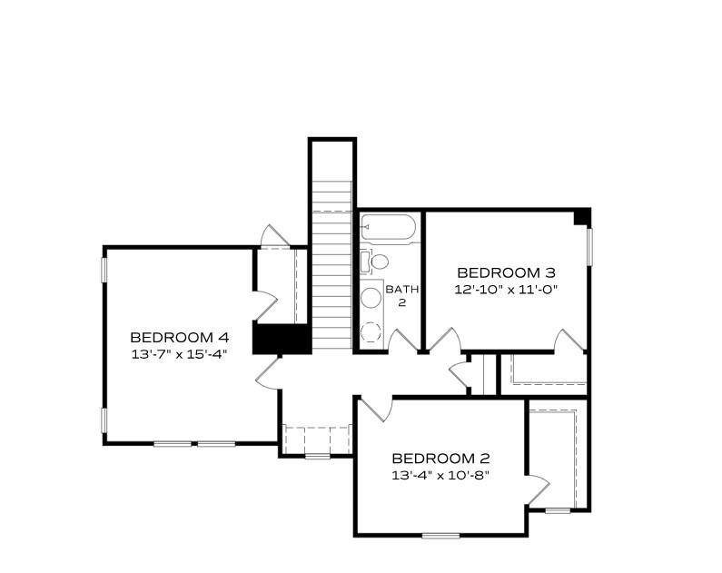 Second-floor plan with Bedrooms 2, 3, 4 and full bath in Evermore Homes The Stella D, Silver Oak, Cusseta, Alabama