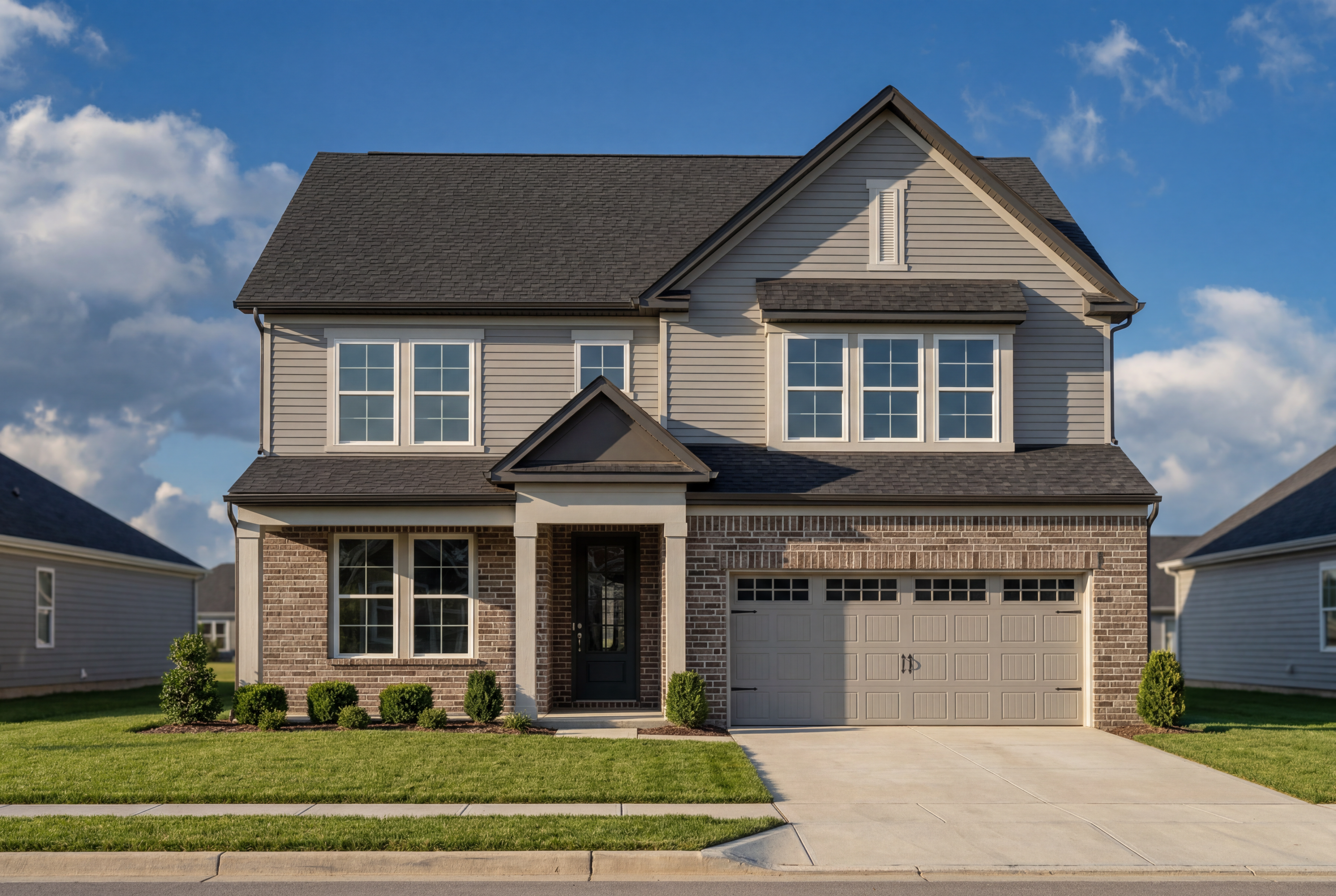 Modern two-story Ashport M home elevation featuring brick and vinyl exterior, two-car garage, landscaped yard in Wendell NC