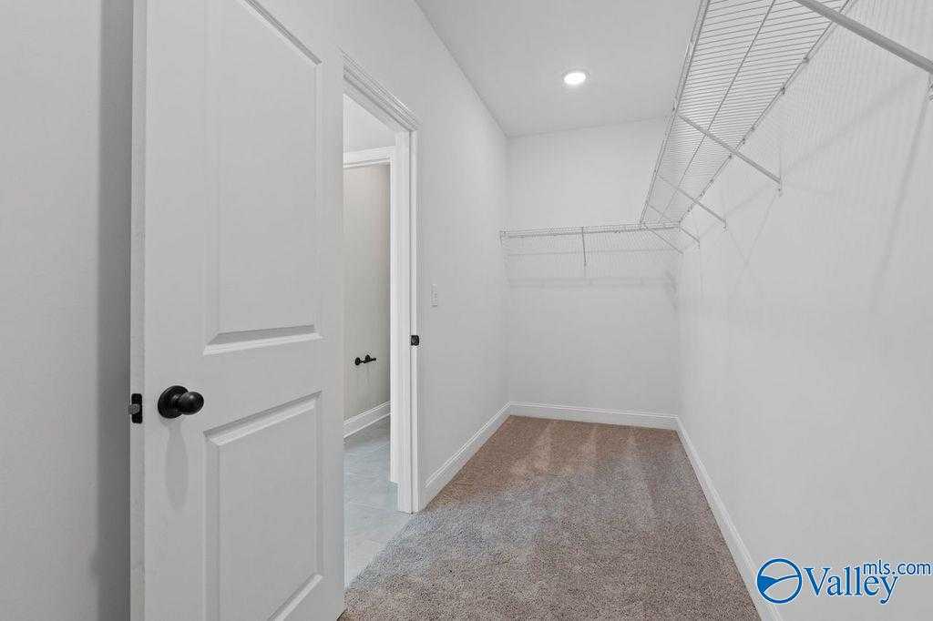 Spacious walk-in closet with wire shelving, carpeted floor in Davidson Homes The Montgomery B, Hartselle, Alabama