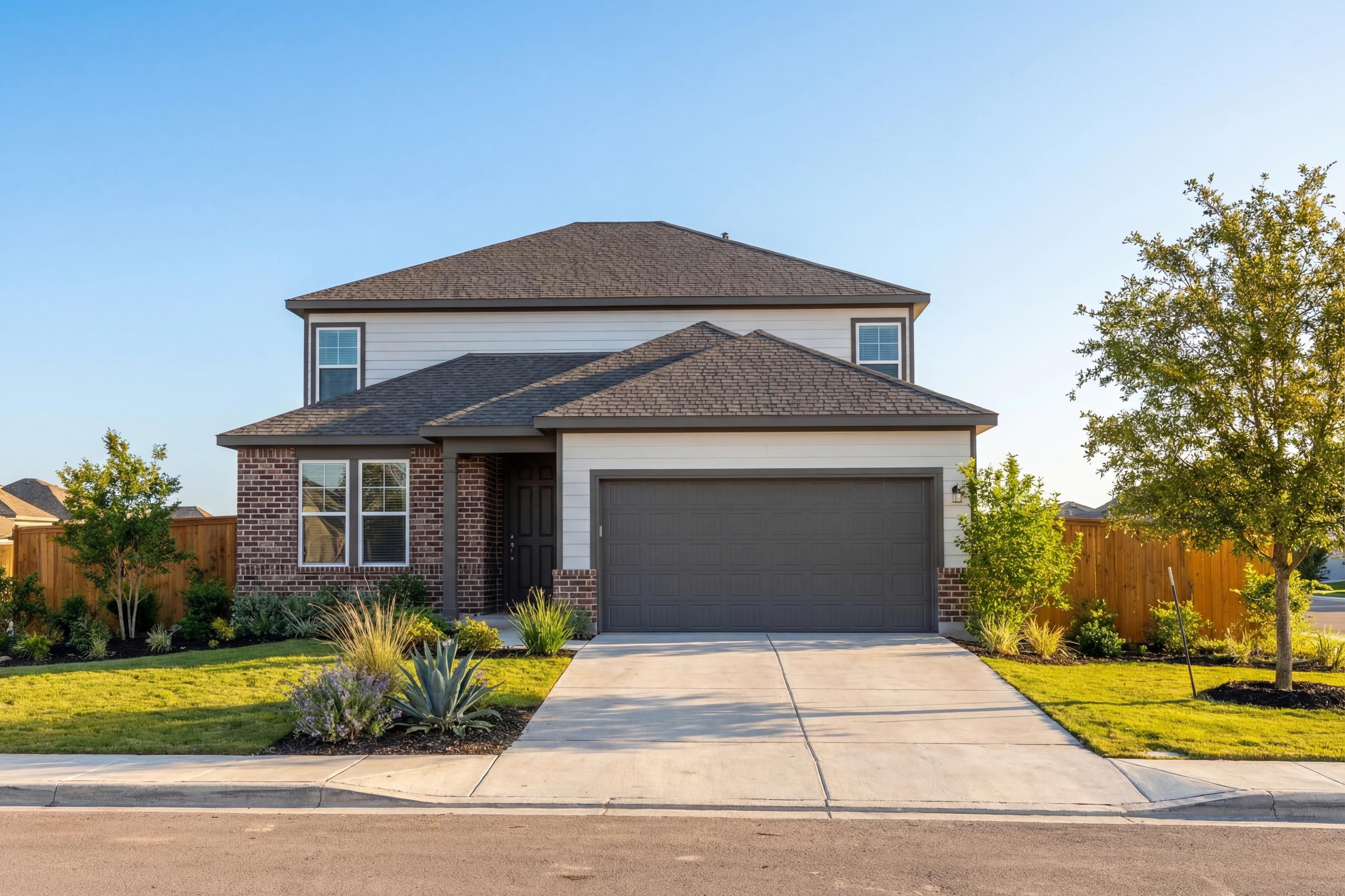Douglas B two-story home elevation featuring brick and siding facade, two-car garage, and landscaped front yard in San Antonio