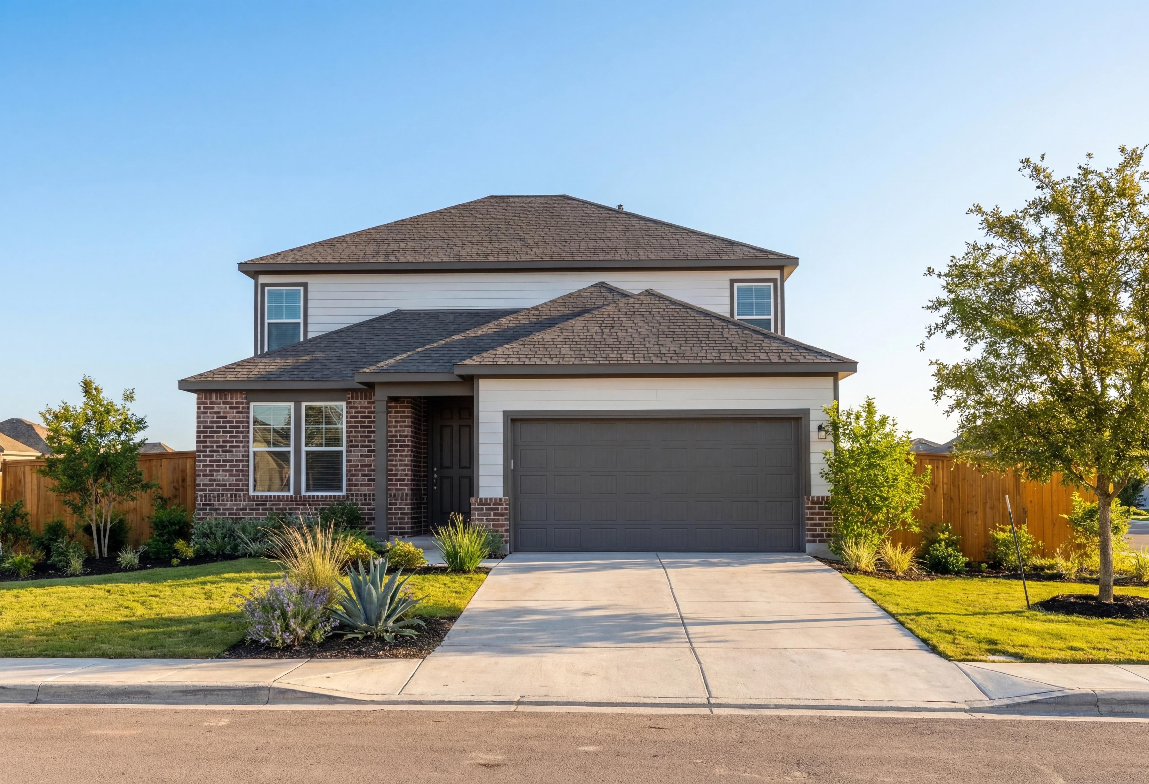 Douglas B two-story home elevation featuring brick and siding facade, two-car garage, and landscaped front yard in San Antonio