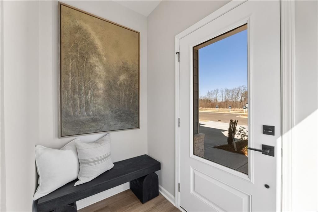 Inviting entryway with abstract tree artwork, cushioned bench, and glass door overlooking street in Davidson Homes The Rabun B, Canton, GA