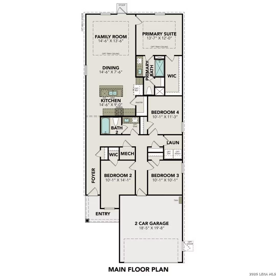 Detailed floor plan of The Colorado B 4-bedroom, 2-bath home with open kitchen, family room, primary suite, and 2-car garage in Applewhite Meadows, San Antonio