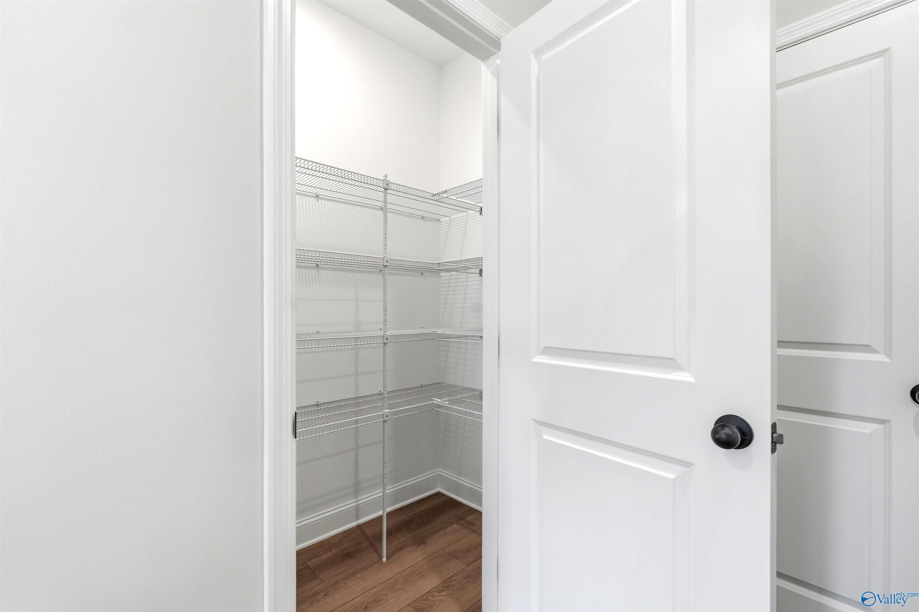 Walk-in pantry with white wire shelving in The Chelsea D floor plan at Berry Cove in New Market, Alabama.