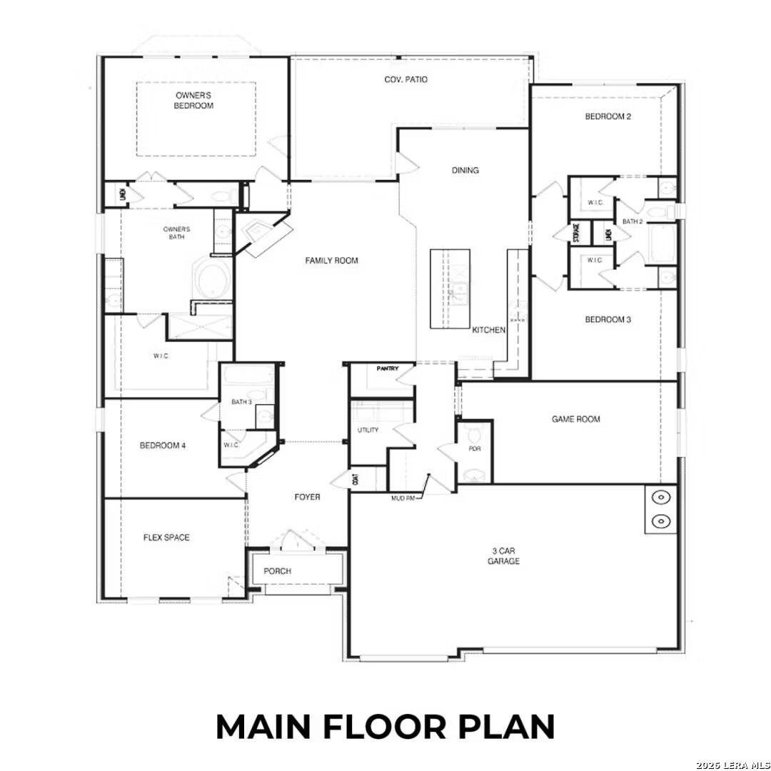 Main floor plan of The Garner A: 4-bedroom, 3.5-bath, 2,916 sq ft single-story home with 3-car garage in Castroville, Texas