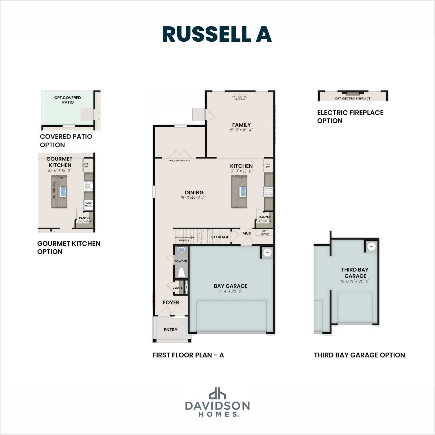 First floor plan of Russell A by Davidson Homes featuring gourmet kitchen, open dining, family room, and two-car garage in Canton GA