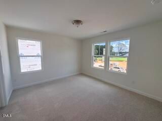 Spacious carpeted bedroom with large windows in The Willow B floor plan by Davidson Homes in Woodland Crossing, Zebulon, NC.