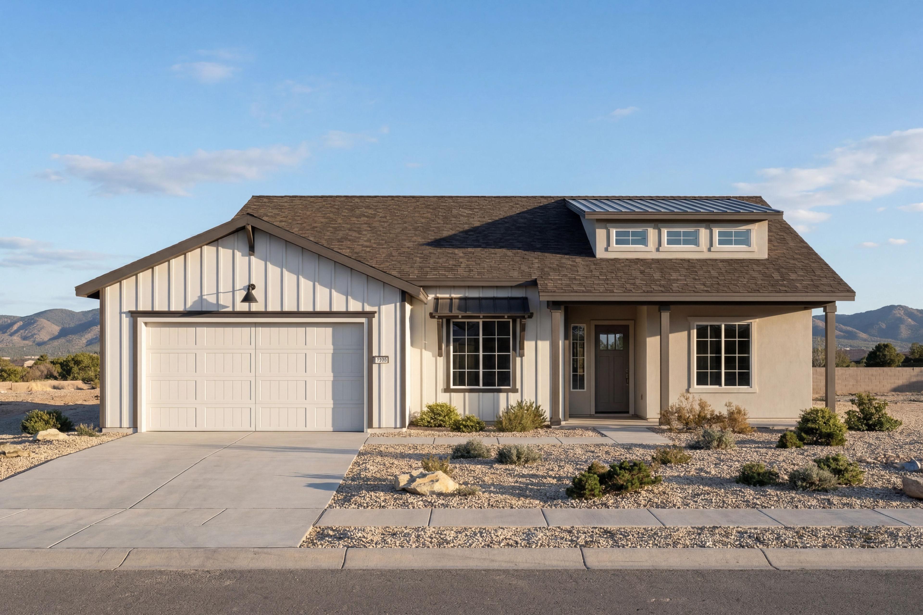 Modern farmhouse elevation of The Soleil E in Prescott, Arizona featuring a spacious garage and desert landscaping.