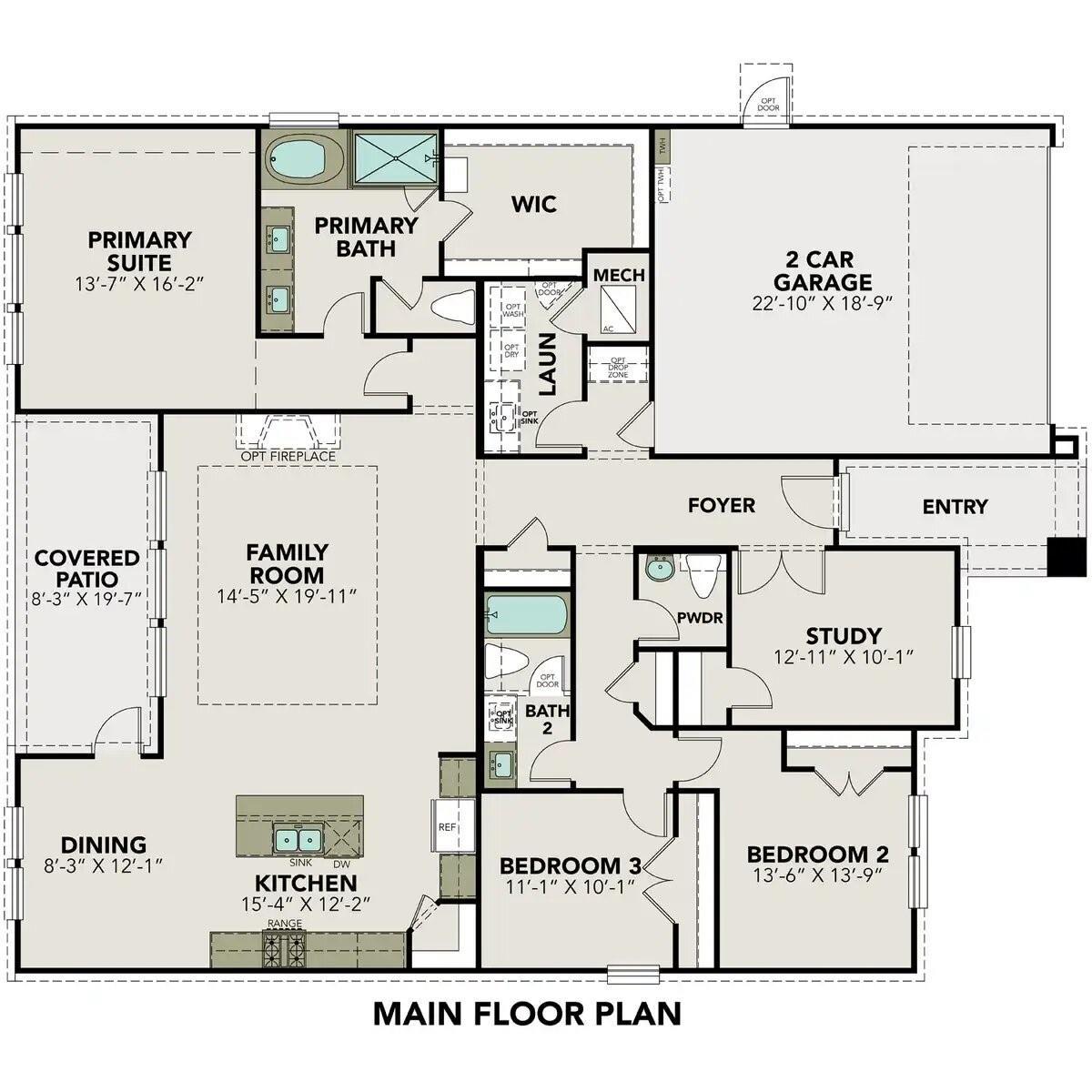 Detailed floor plan of The Edward A 3-bed, 2.5-bath 2160 sq ft 1-story home by Davidson Homes in Lago Mar, Texas City, TX