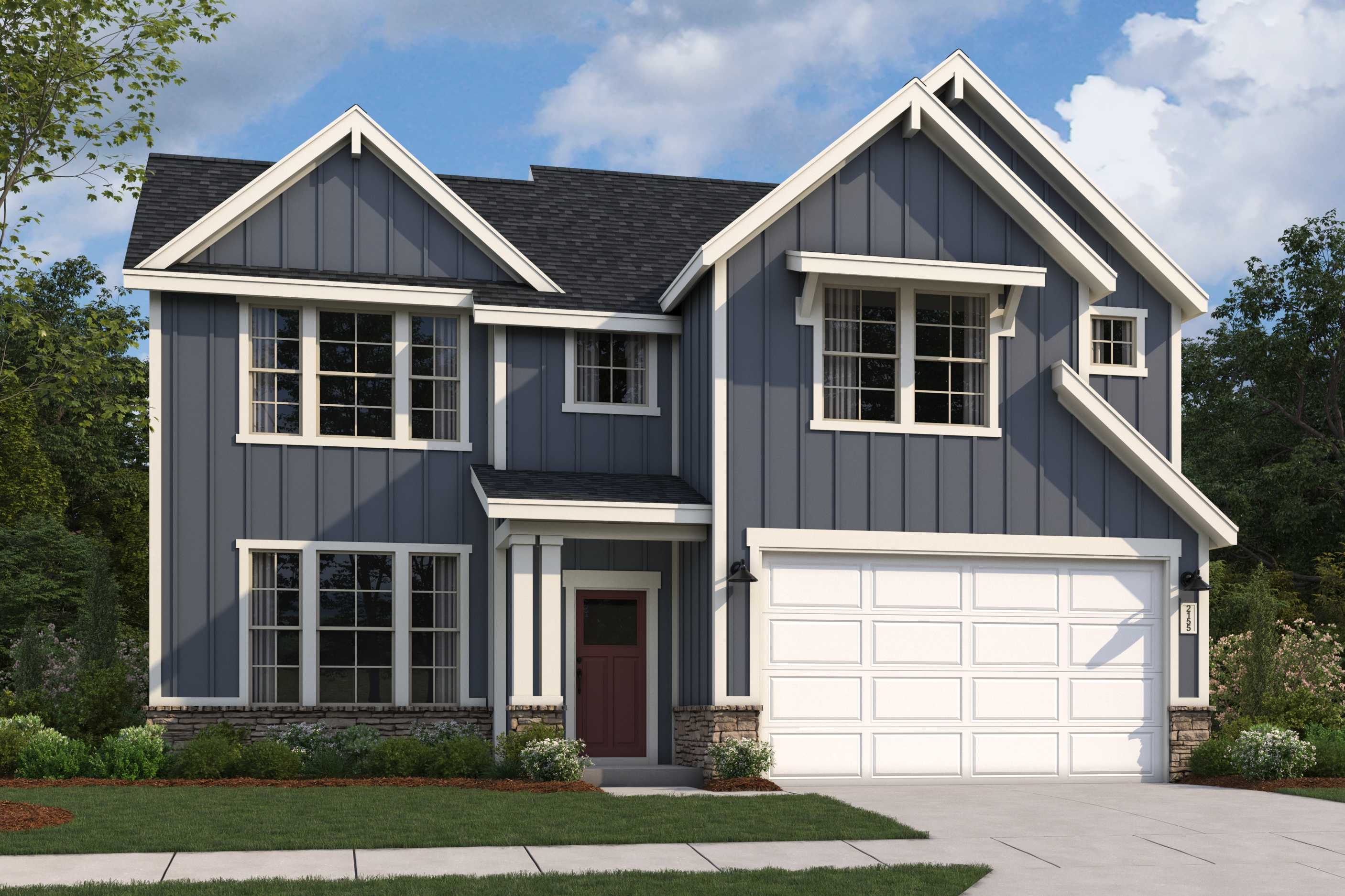 Two-story Stella D home elevation featuring gray siding, gabled black roof, two-car garage, and stone accents by Davidson Homes