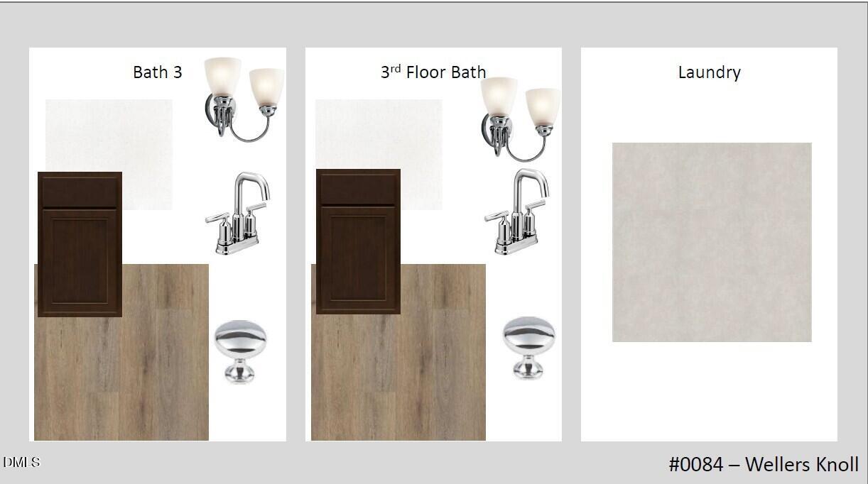 Bath 3 and 3rd floor bath designs with double vanities, chrome faucets, wall sconces, LVP flooring, laundry in Hickory II C, Wellers Knoll, Lillington NC