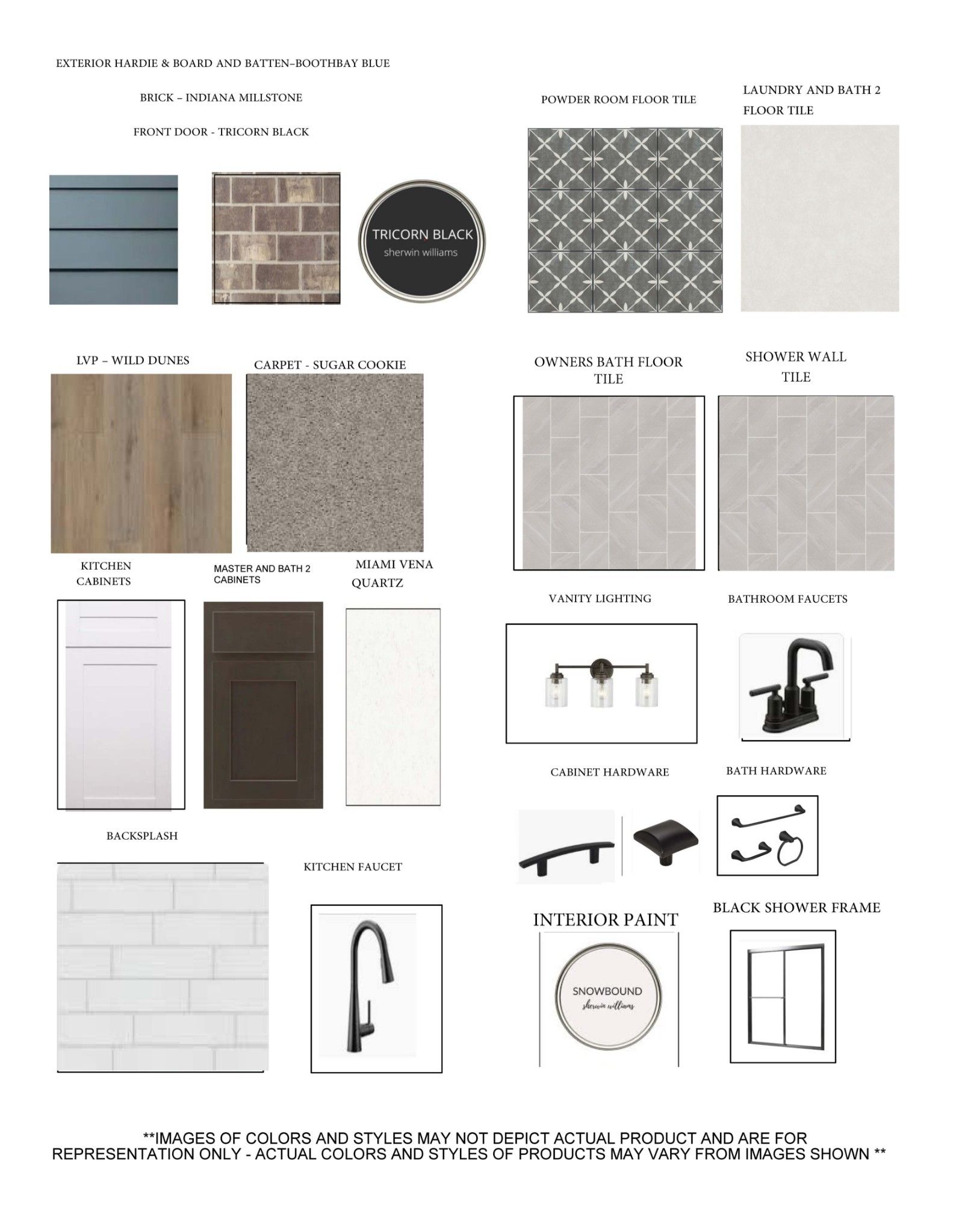 Material selection board for Davidson Homes The Logan C: hardie board siding, black doors, quartz counters, kitchen cabinets, bathroom tiles in Gallatin, TN