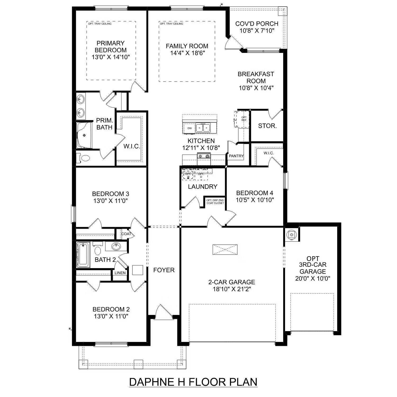 Daphne F floor plan: 4-bed, 3-bath, 1,895 sq ft 1-story layout with open kitchen, family room, 2-car garage in Sundance Cove, Crosby, TX