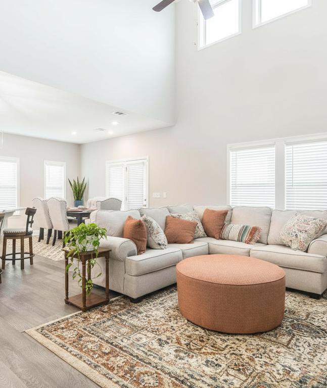 Spacious open-concept kitchen and living room in Links Crossing Auburn Alabama with white cabinets, plush beige sofa, orange ottoman, and fiddle leaf fig plant
