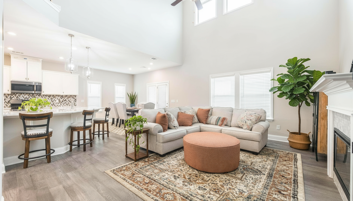 Spacious open-concept kitchen and living room in Links Crossing Auburn Alabama with white cabinets, plush beige sofa, orange ottoman, and fiddle leaf fig plant