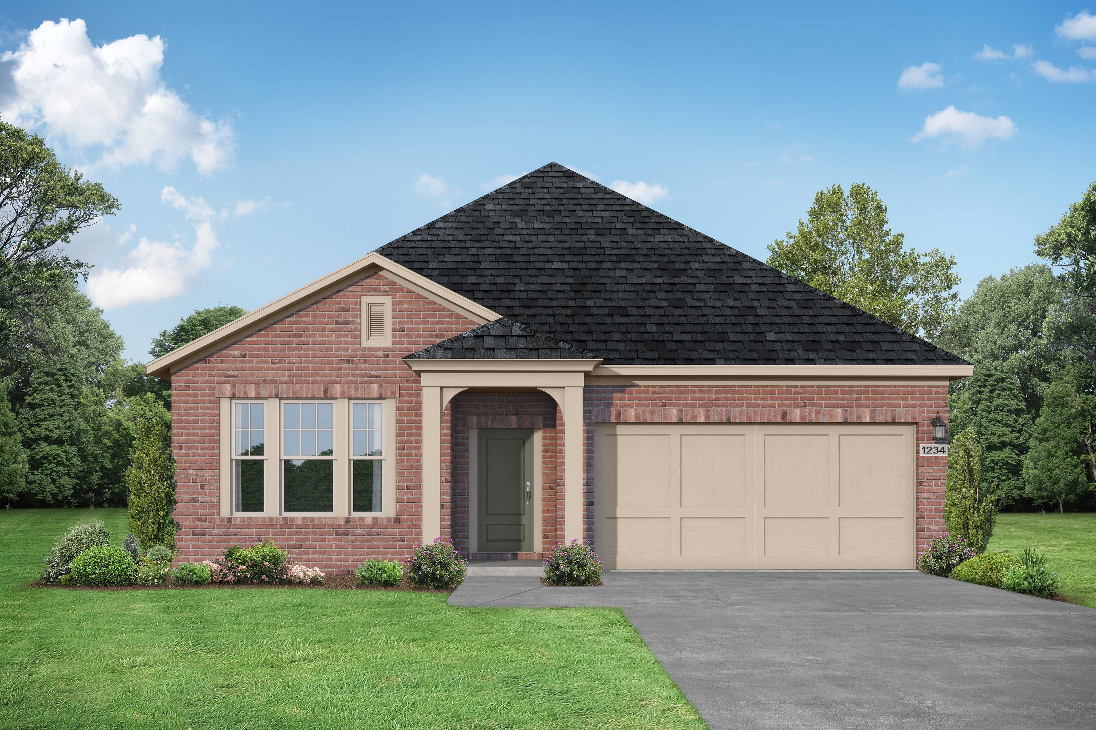 Single-story brick exterior of The Laurel I with gabled black roof, covered porch, 2-car garage, and landscaped yard in Royse City