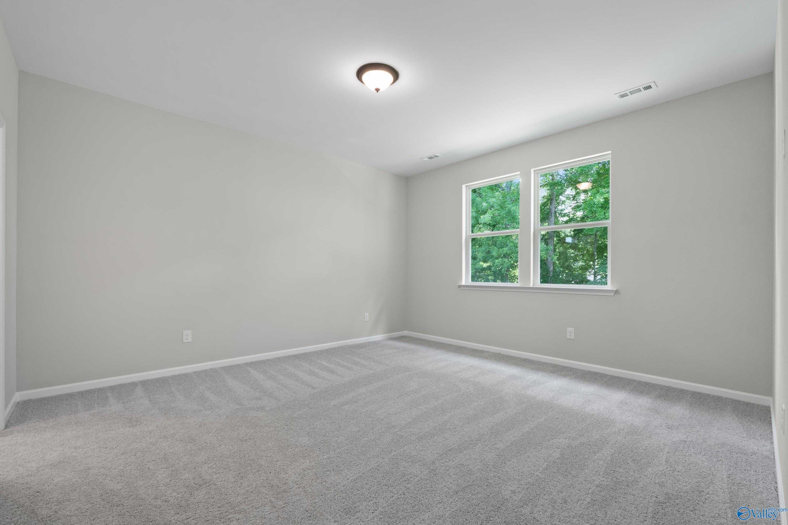 Bright secondary bedroom with gray walls, beige carpet, large windows, and natural light in Davidson Homes The Phoenix, Fayetteville, TN