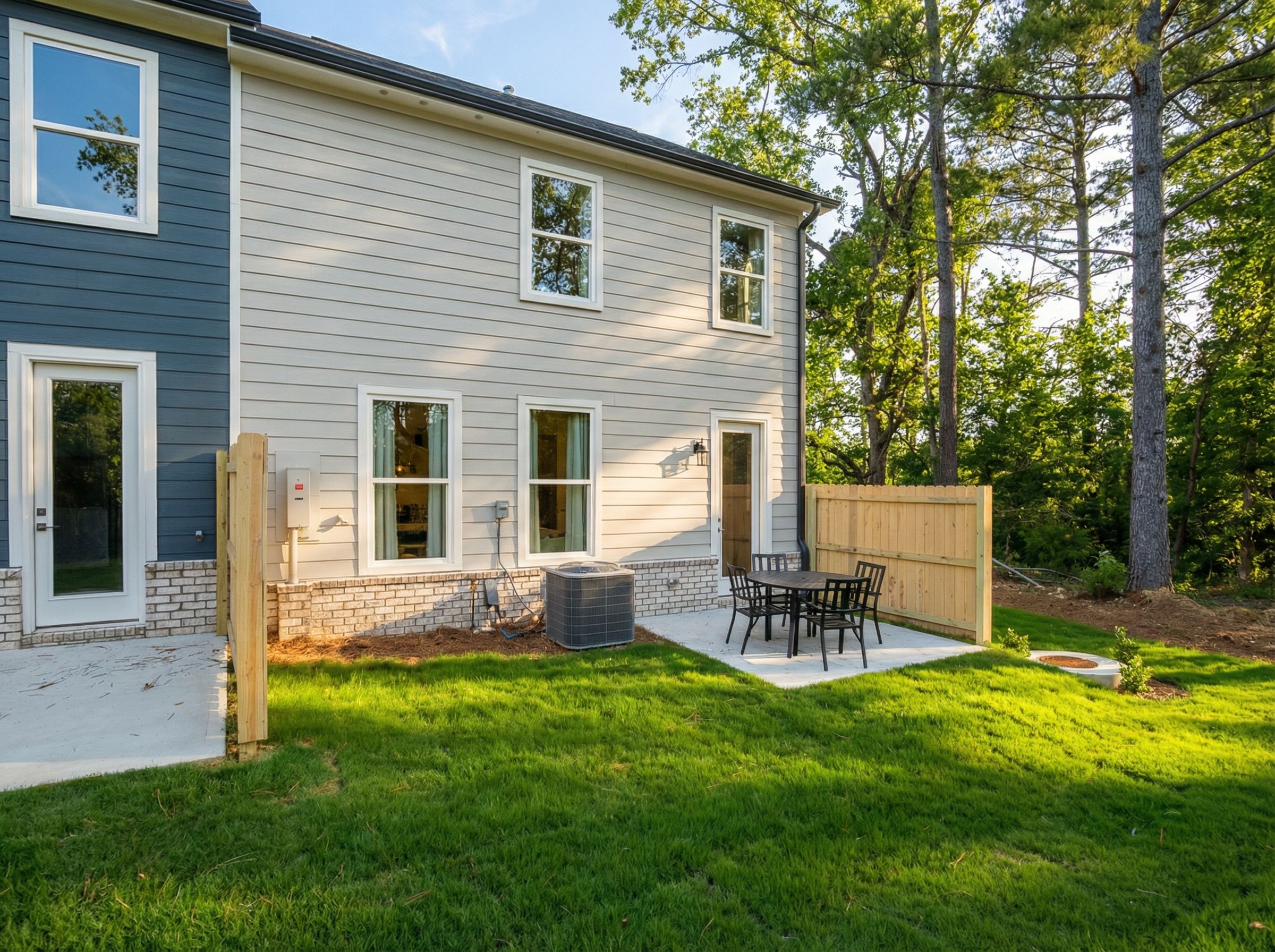 Two-tone home exterior with backyard patio, outdoor seating, fire pit, and lush green lawn at Lake Shore in Winder, GA
