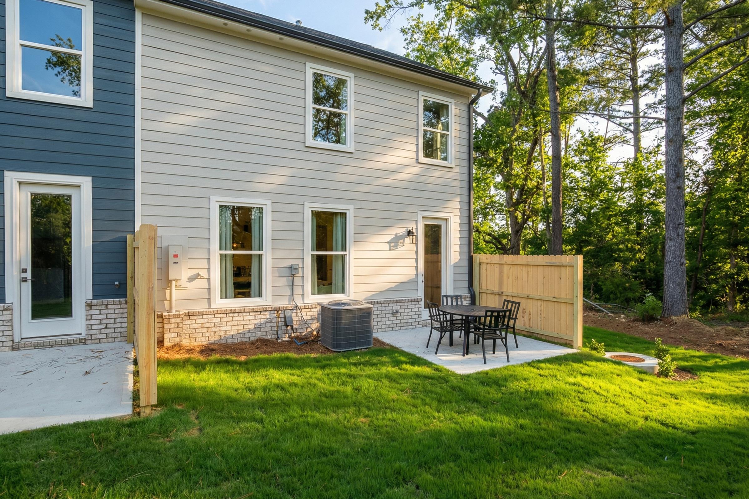 Two-tone home exterior with backyard patio, outdoor seating, fire pit, and lush green lawn at Lake Shore in Winder, GA