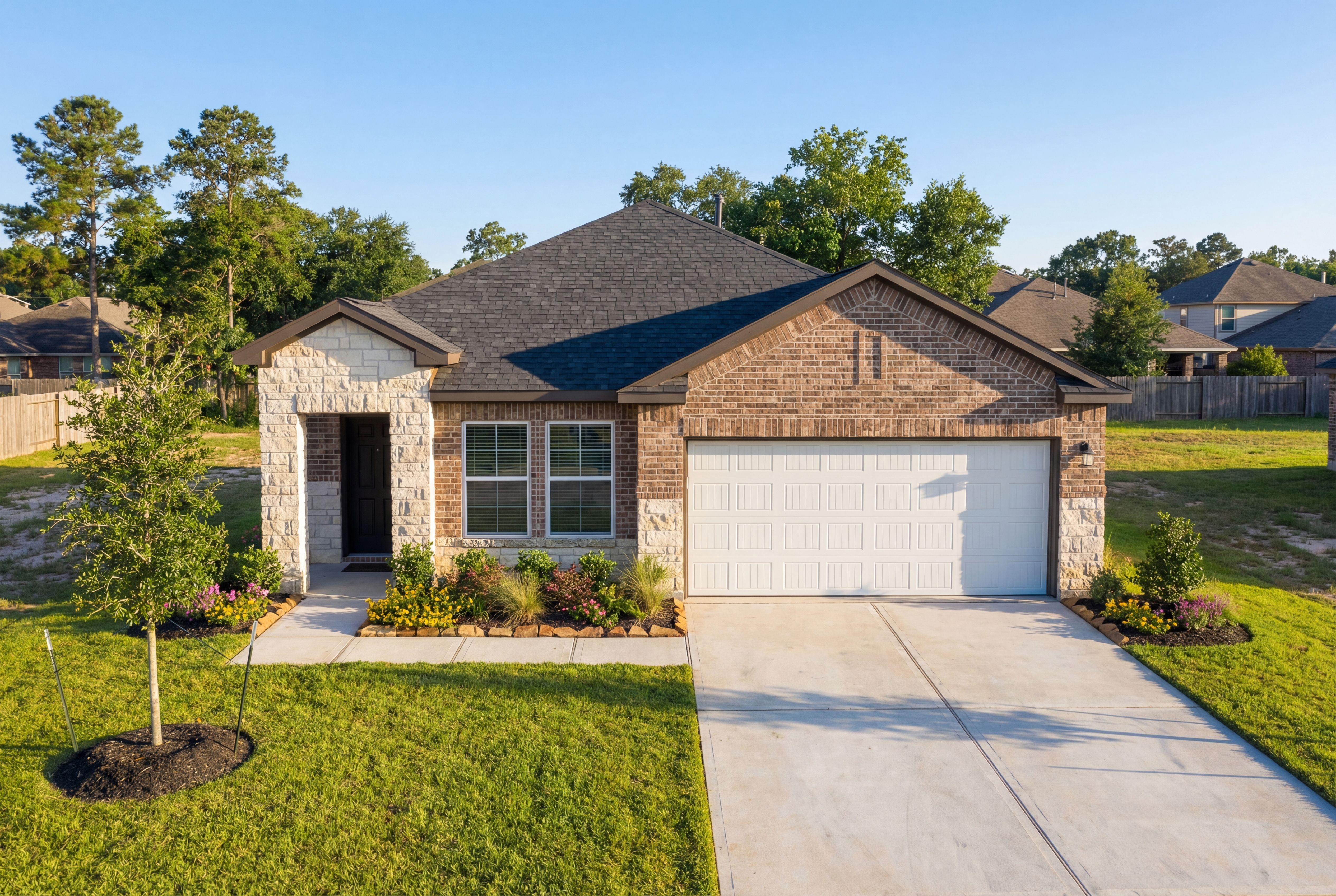 Modern single-story The Riviera home elevation with brick and stone facade, 2-car garage, driveway, and lush landscaping in Beasley, Texas