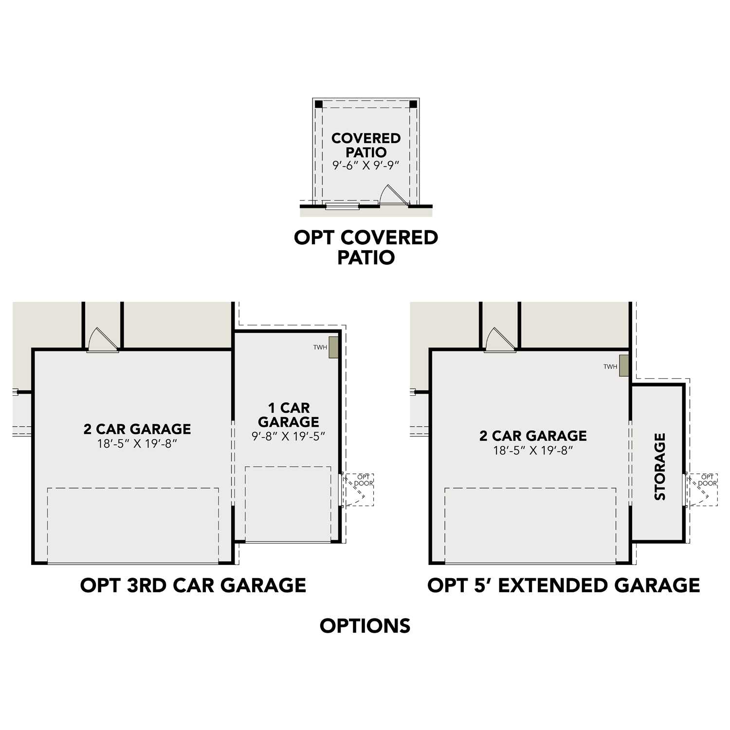 The Colorado floor plan garage options: 2-car (18x19 ft), optional 3rd stall, extended garage with storage, and covered patio